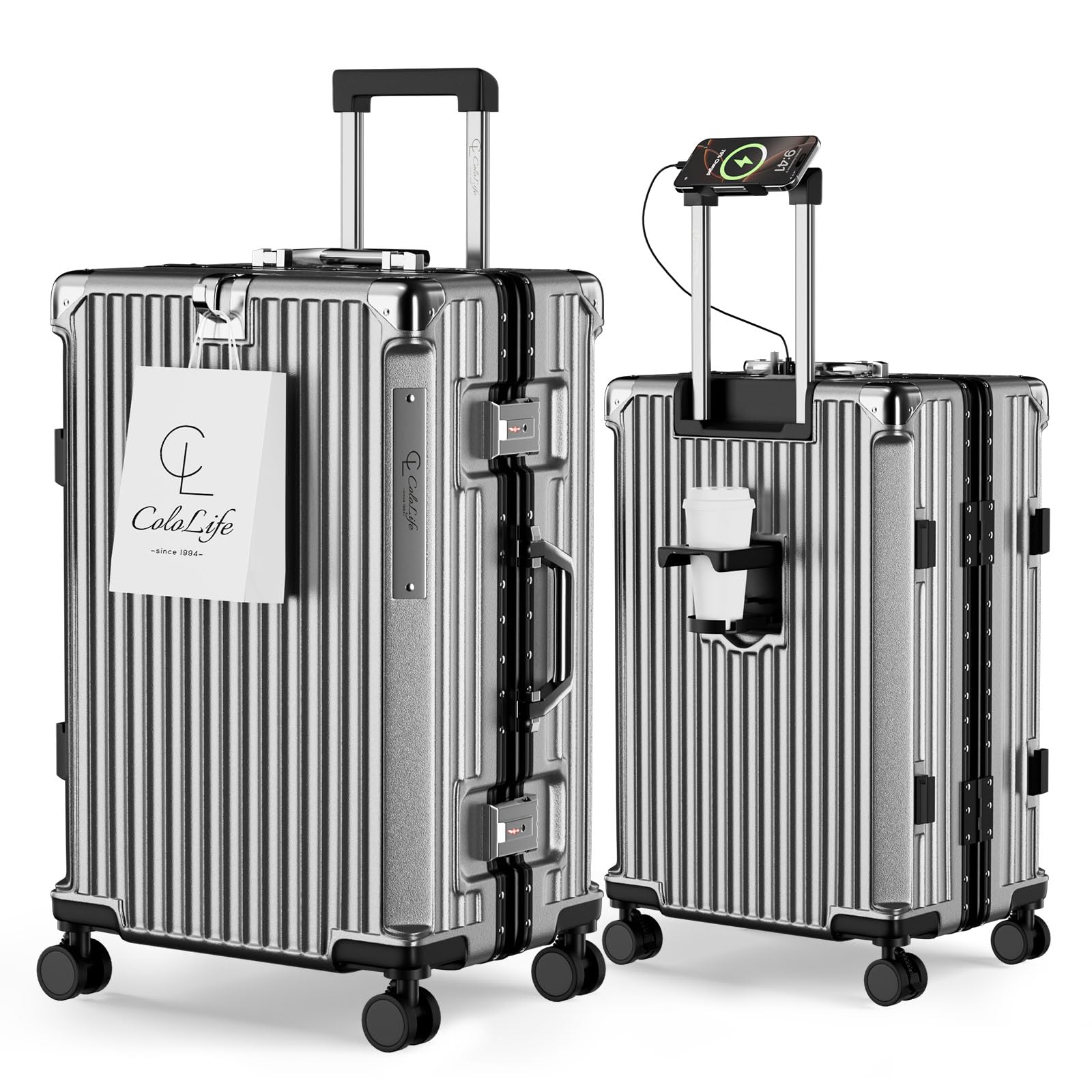 [ColoLife] スーツケース 機内持ち込み アルミ フレーム キャリーケース 耐衝撃 ストッパー付き 大容量 360度回転 キャスター キャリーバッグ USBポート TSAロック搭載 カップホルダー付き 隠しフック機能 携帯スタンド 乾湿分離収納袋 静音ダブルキャスター 多機能 キャリー ケース 便利グッズ 出張 ビジネス 旅行 (グレー, S (40L/1-3泊/機内持込）)