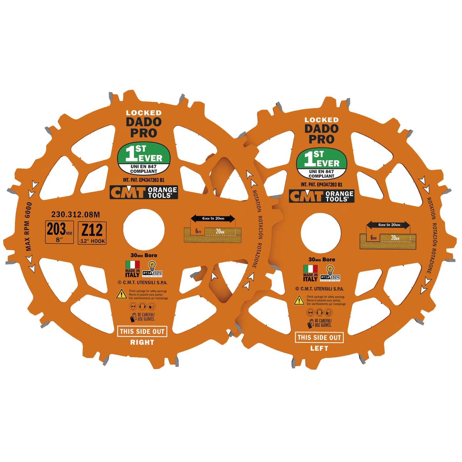 CMT 230.312.08M Set lames encatrées (DADO 8in) HW D=203 B=30 Z12 FTG+ATB PTFE Orange