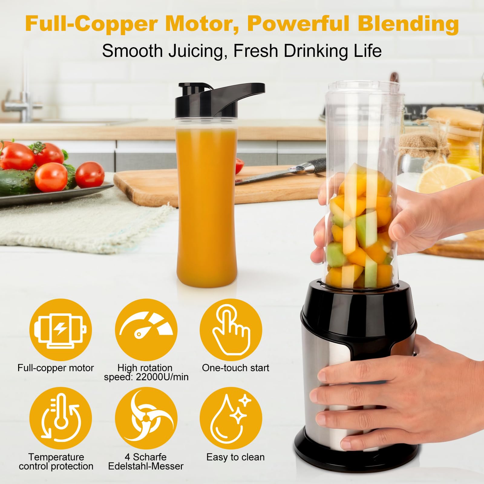 heuchaey Mini frullatore elettrico frullatore frullatore portatile con 2 bottiglie BPA-Free portatili da 600 ml, con 4 lame in acciaio inox, per frullati e alimenti per bambini