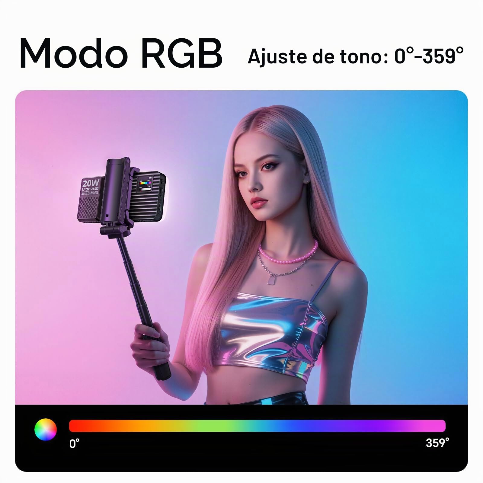ULANZI Luz de video RGB K20, panel de luz LED portátil de 20 W, 0-360 a todo color, CRI 95+ 1800-9000K, iluminación de video recargable LED de 3300 mAh para vlogging, fotografía
