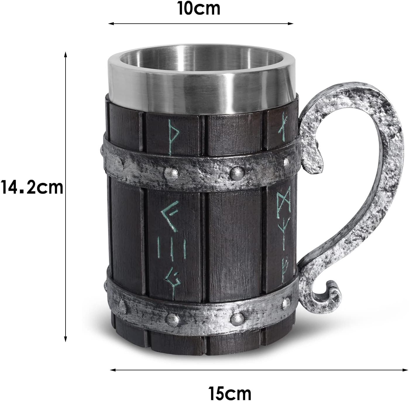 Nordic Viking Mug,Oak Wooden Beer Stein Stainless Steel Liner,Nordic mythology Viking Runes Tankard Coffee Cup for Men Father’s Day Gift 18oz. - Image 7