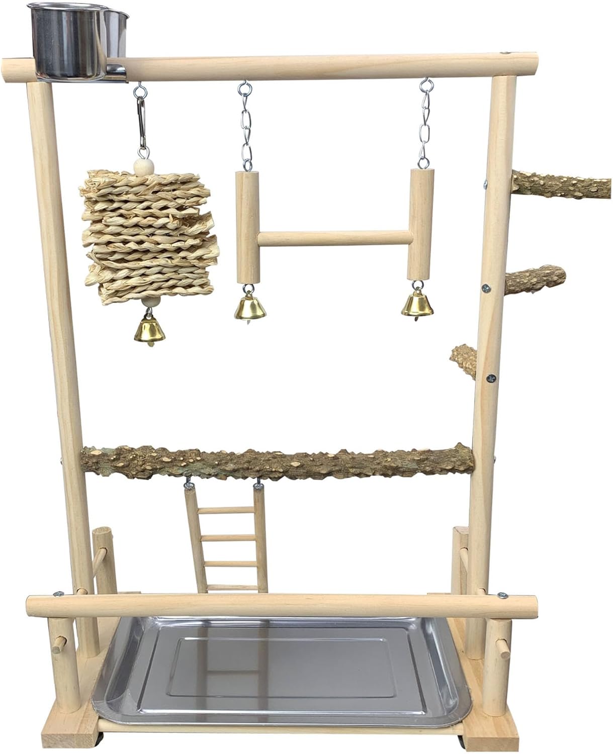 Bird Playground Parrot Perch Stand Toys Wood Birds Play Gym Activity Center Exercise Playpen Ladder Swing with Feeder Cups Chewing Toy Removable Tray for Parakeet Conure Lovebird Cockatiel