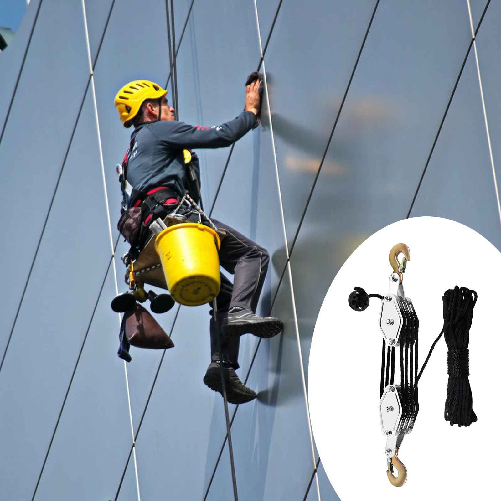 Flaschenzug mit Seilbremse, Seilzug-Flaschenzugsystem, Maximale Kapazität: 400 kg Max., Hubkraftverhältnis 8:1, Hubhöhe: 2.5 m - 4 Umlenkrollen und 20m Seil und Φ 6mm Seil