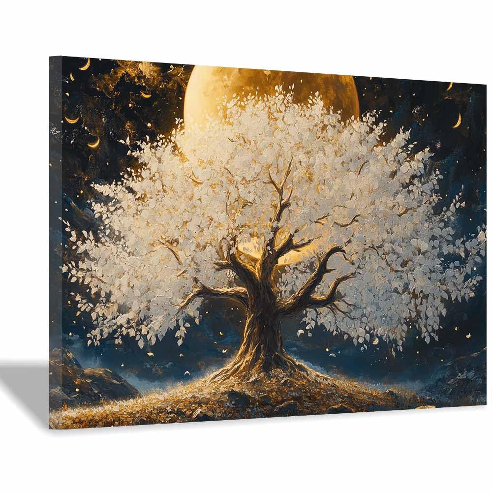 ZAMAEIU Tree of Life Painting Abstract Moon-companioned tree Panoramic Canvas Prints Pictures for Living Room Bedroom Home Office Wall Decoration(white)-30x50cm Framed
