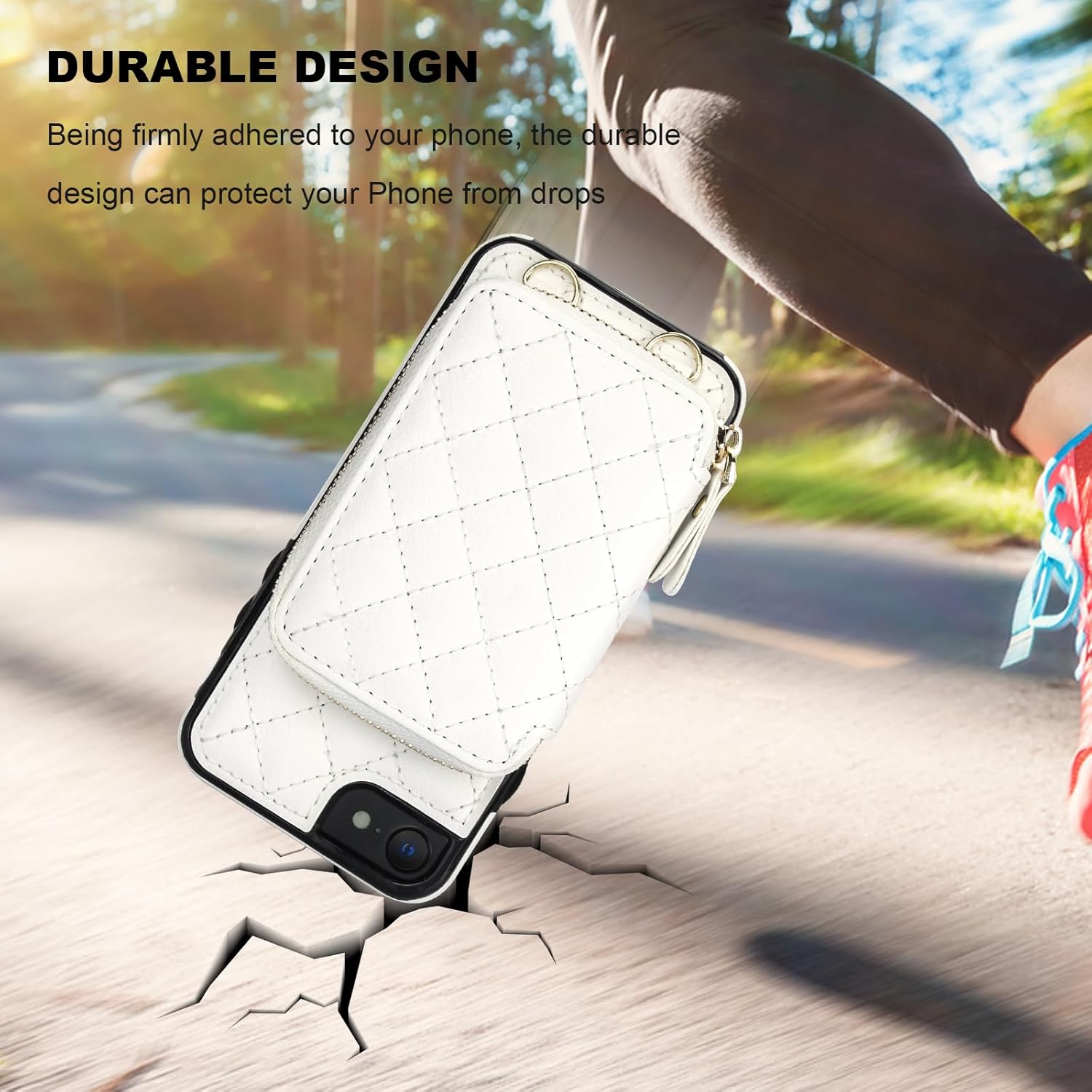 Bocasal Crossbody Wallet Case for iPhone SE 2022/SE 2020/8/7, RFID Blocking PU Leather Zipper Handbag Purse Flip Cover, Kickstand Folio Case with Card Slots Holder Wrist Strap Lanyard 4.7 Inch (White)