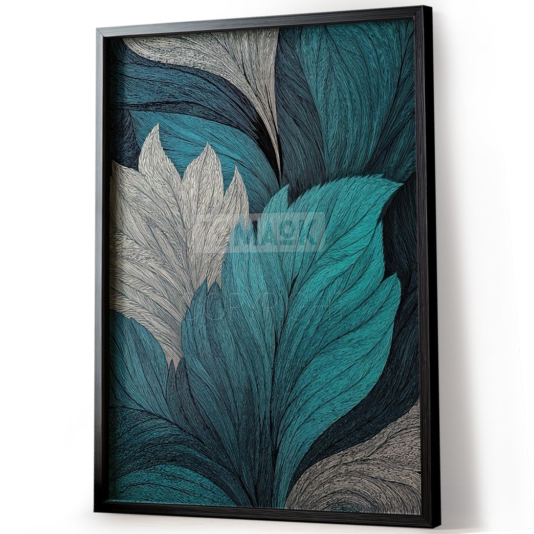 Tomaok® - Póster con impresión de cartel (marco no incluido), diseño de hojas botánicas, color azul, diseño de follaje tropical, decoración interior, trazo de contorno