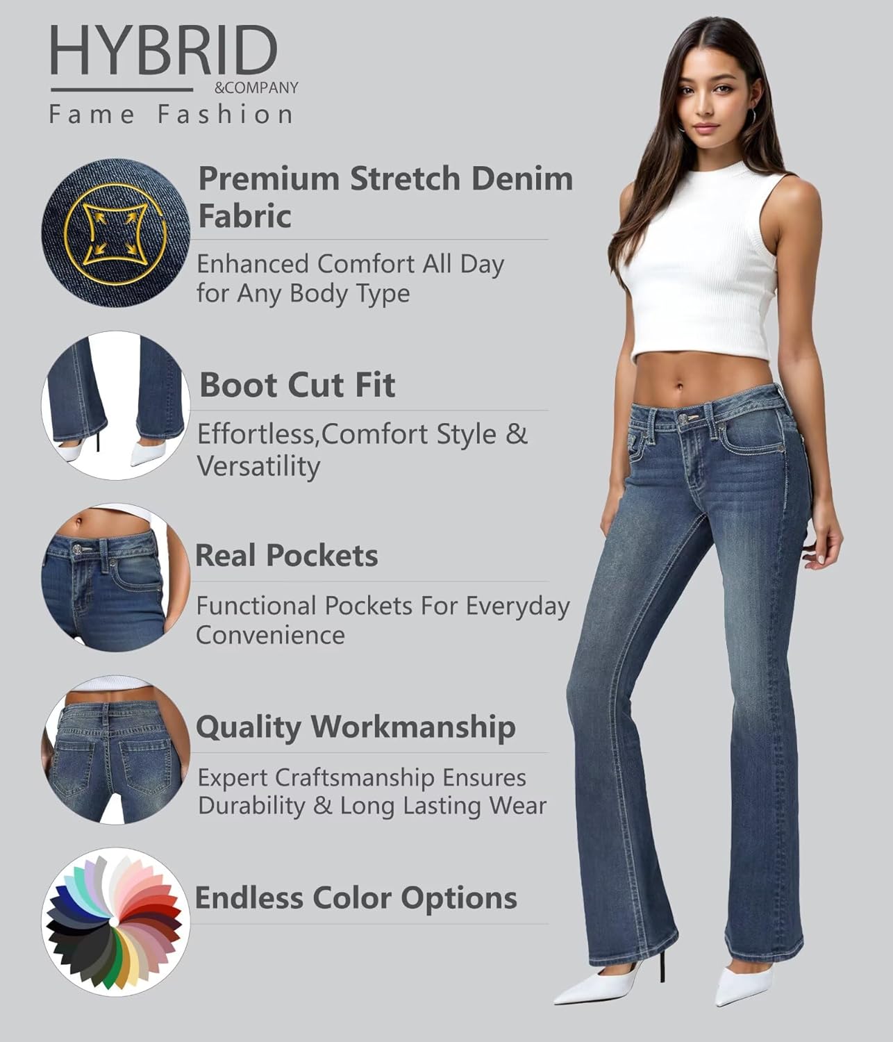 Hybrid & Company Women's Flare Mid Rise Jeans Trendy Stretchy Denim Pants with Pockets - Image 2