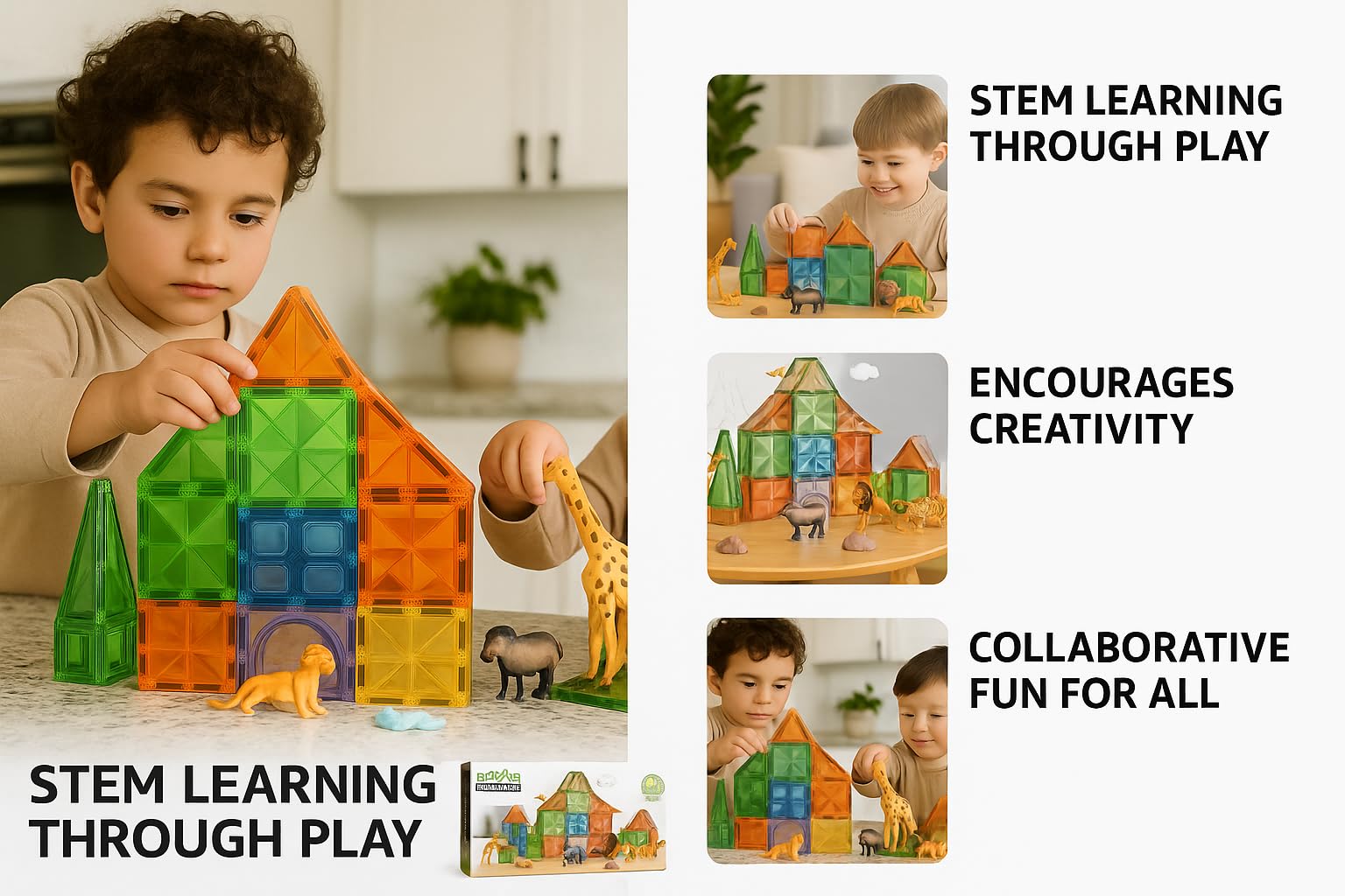 Magnetic Building Tiles Set 84 PCS, Safari Animal Figures & Colourful Tiles - Image 2