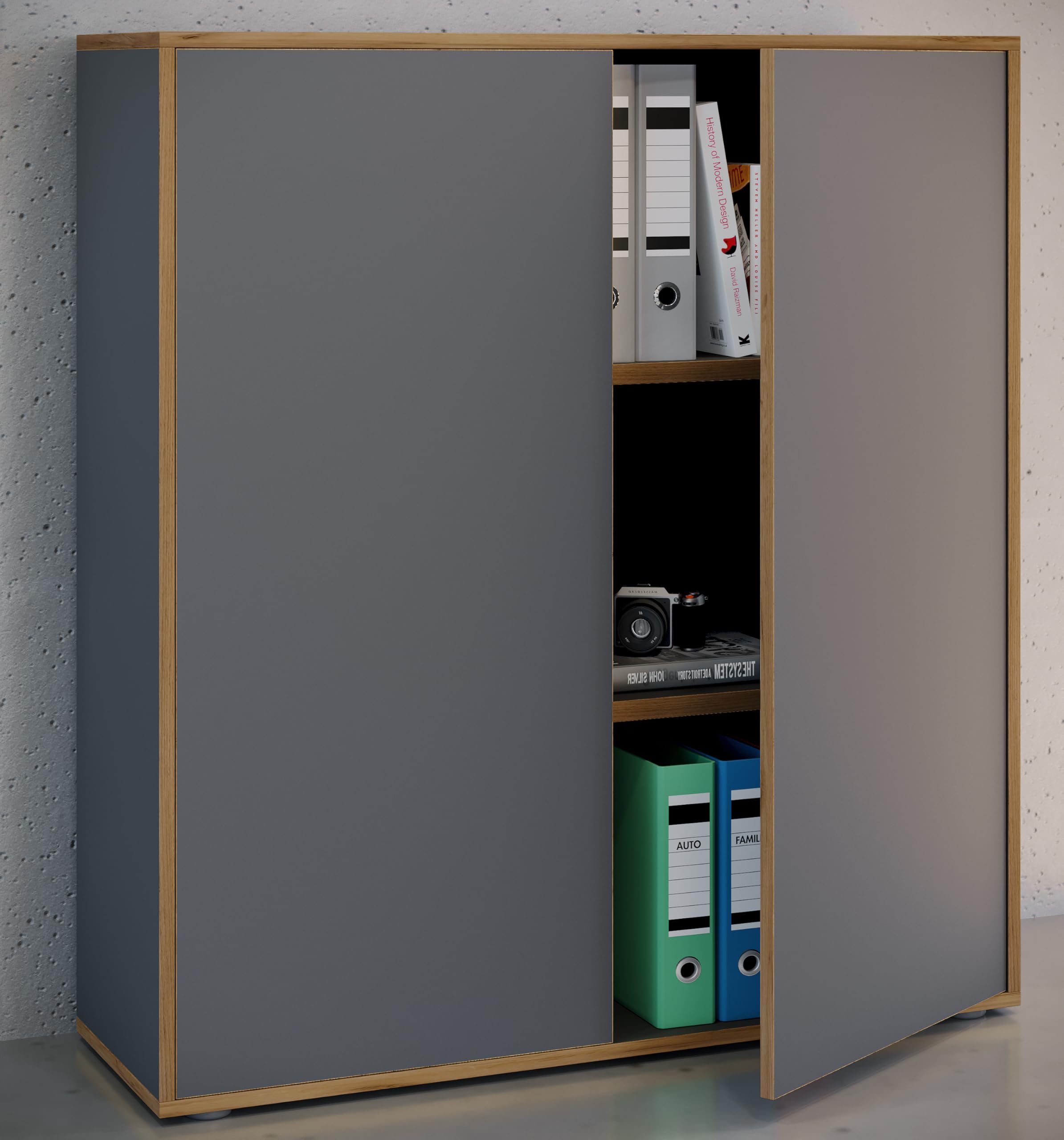 VCM Holz Büroschrank Ordner Aktenschrank Büromöbel Schrank Salia 3-Fach Breite 100 cm Drehtüren
