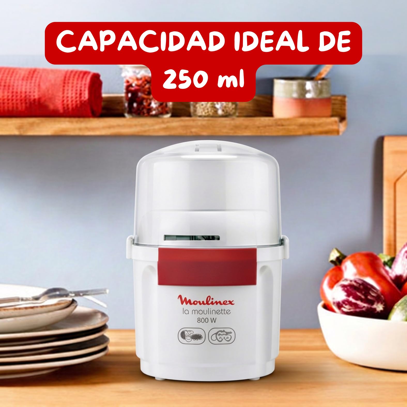 Moulinex Picadora la Moulinette, picadora de 800 W, pica carne, verduras, frutos secos, queso, 200 gr capacidad, pica, corta o mezcla, sistema 1-2-3, cuchilla doble acero inoxidable, blanco, AD5601