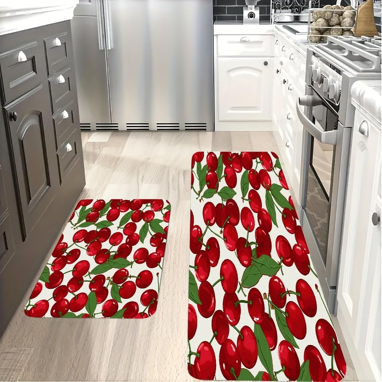 Red Cherries Kitchen Mat Kitchen Rug Set | Kitchen Rugs Flannel Velvety Washable breathable Water Absorbent Soft ，kitchen utensils for Kitchen, Floor,Laundry