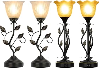 Touch Lamps for Nightstand Set of 2, Glass Shade Blossoming Bedside Lamp with USB A+C Charging Ports, Torchiere Table Lamp with Metal Leaf Base Decor Bedroom Living Room