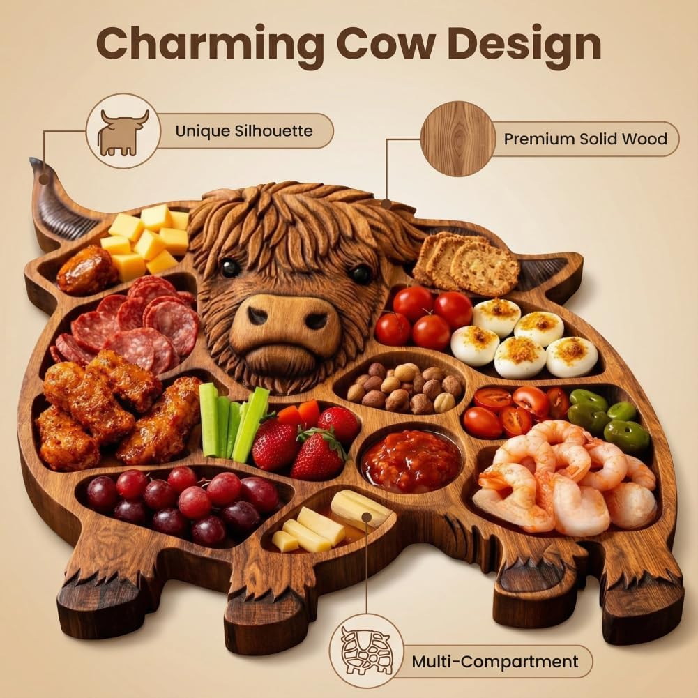 12.5"*11.8" Wooden Highland Cow Charcuterie Board, Divided Serving Tray Board Made from Natural Solid Wood, Rustic Farmhouse Style Wood Decorative Serving Tray, for Meat, Cheese, Crackers (2PCS-Mix)