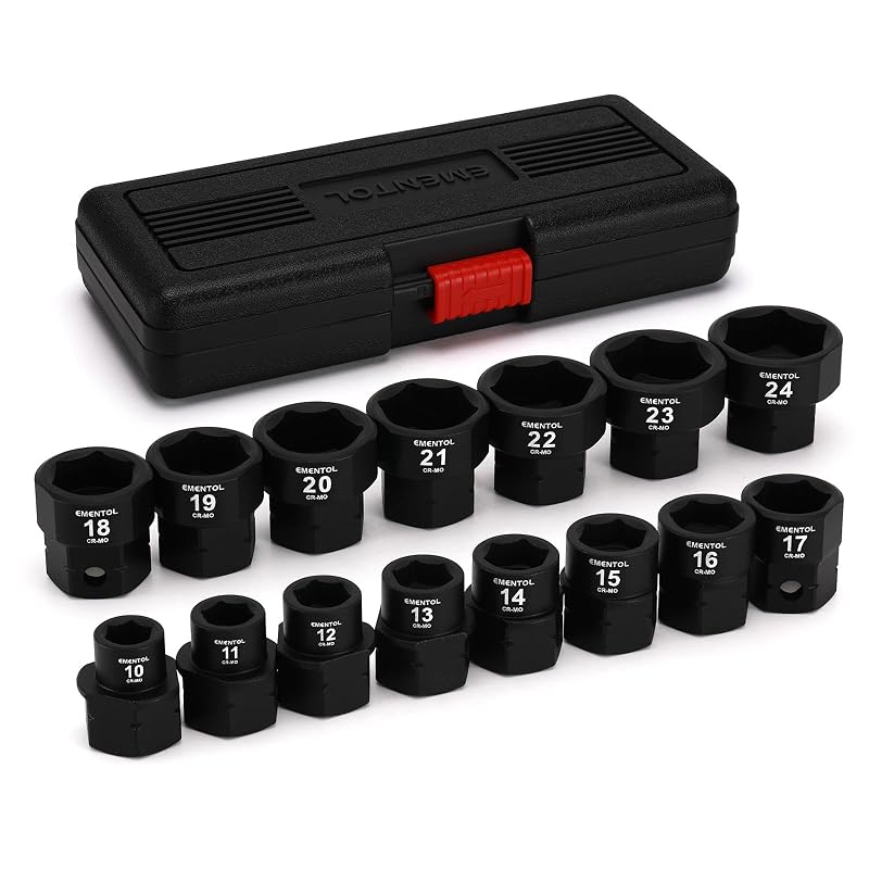 Jogo de Soquetes de Impacto Nano Low Profile EMENTOL com Acionamento de 12,7 mm (1/2 pol.), CR-MO, 10 mm a 24 mm, 15 peças
