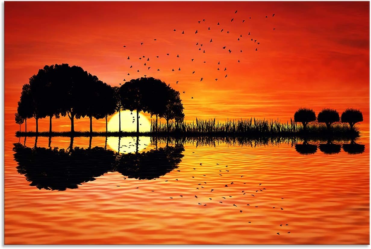 Urttiiyy Modern Abstract Guitar Tree Lake Sunset Art Canvas Painting Living Room Decorating Painting Home Decor HD Printed Artwork Poster Framed Ready to Hang