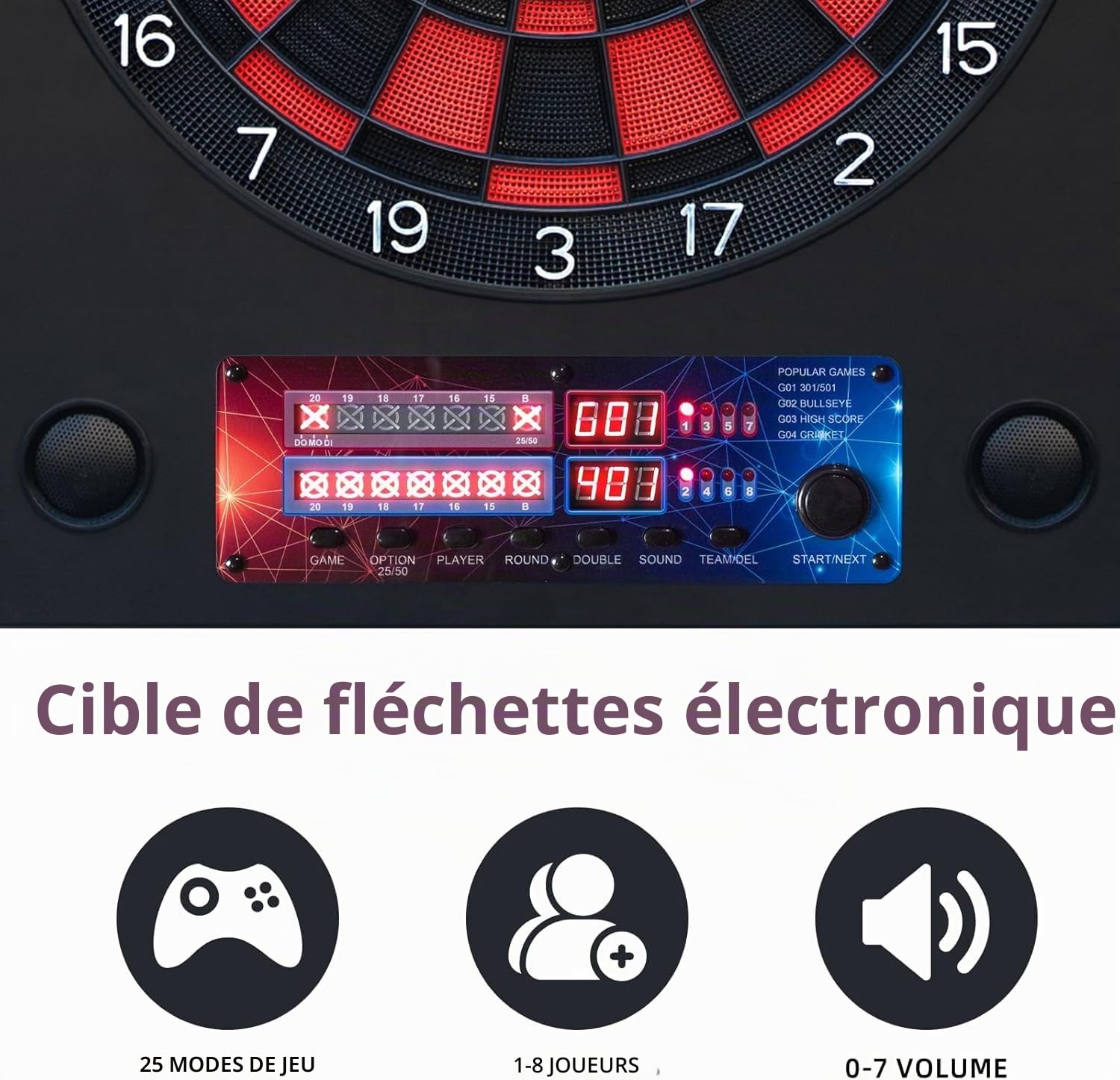 Jeu de flechette electronique avec 6 fléchettes et 100 Pointes de Rechange, Cible flechette electronique avec Voix et écran LCD, Jeux de flechette electronique avec 25 Jeux et 290 Variations