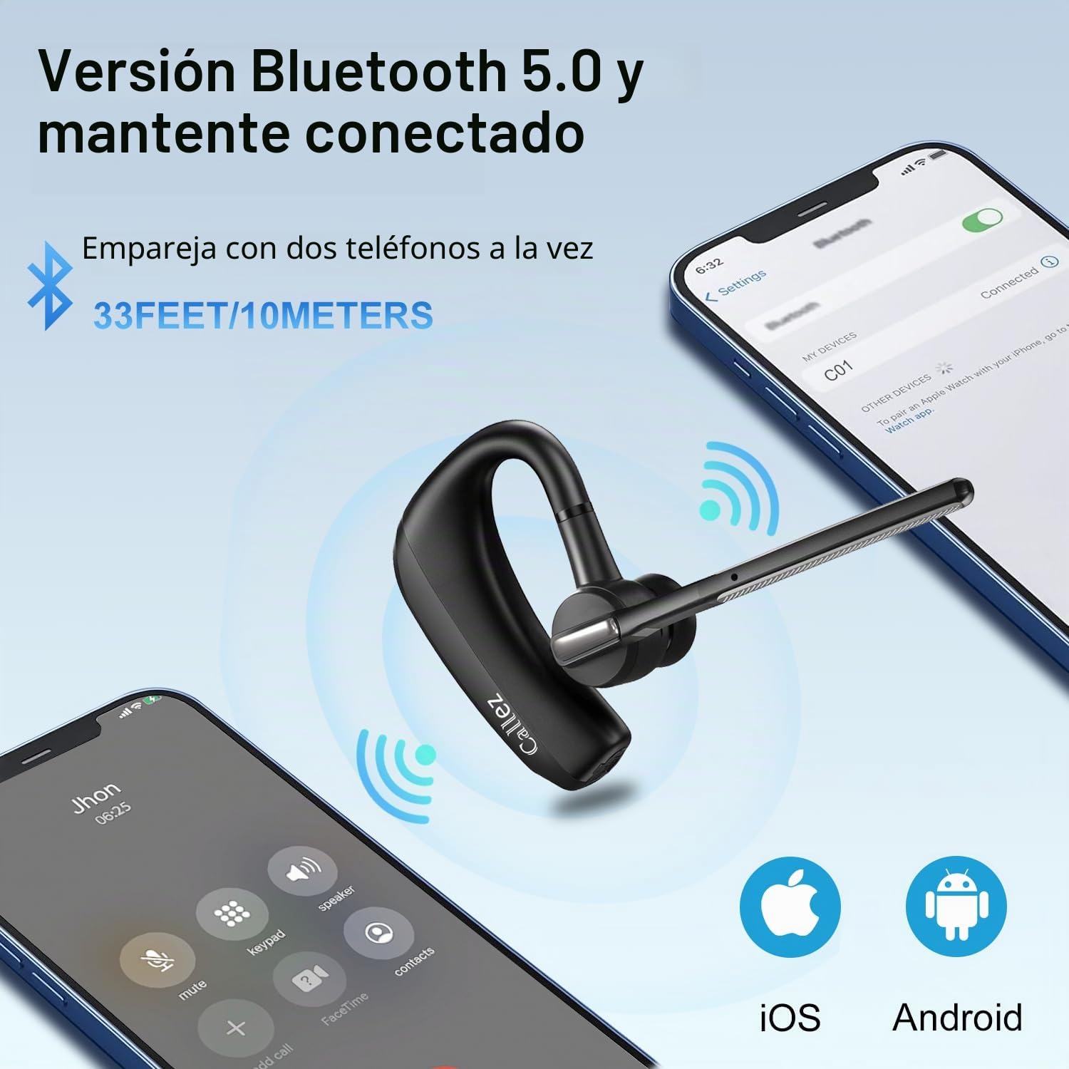 Callez Auriculares Bluetooth para iPhone Samsung, Auricular Inalámbricos Pinganillo Bluetooth Móvil V5.0 con CVC8.0 Doble Micrófono ENC Cancelación de Ruido para Conducir Negocios Oficina