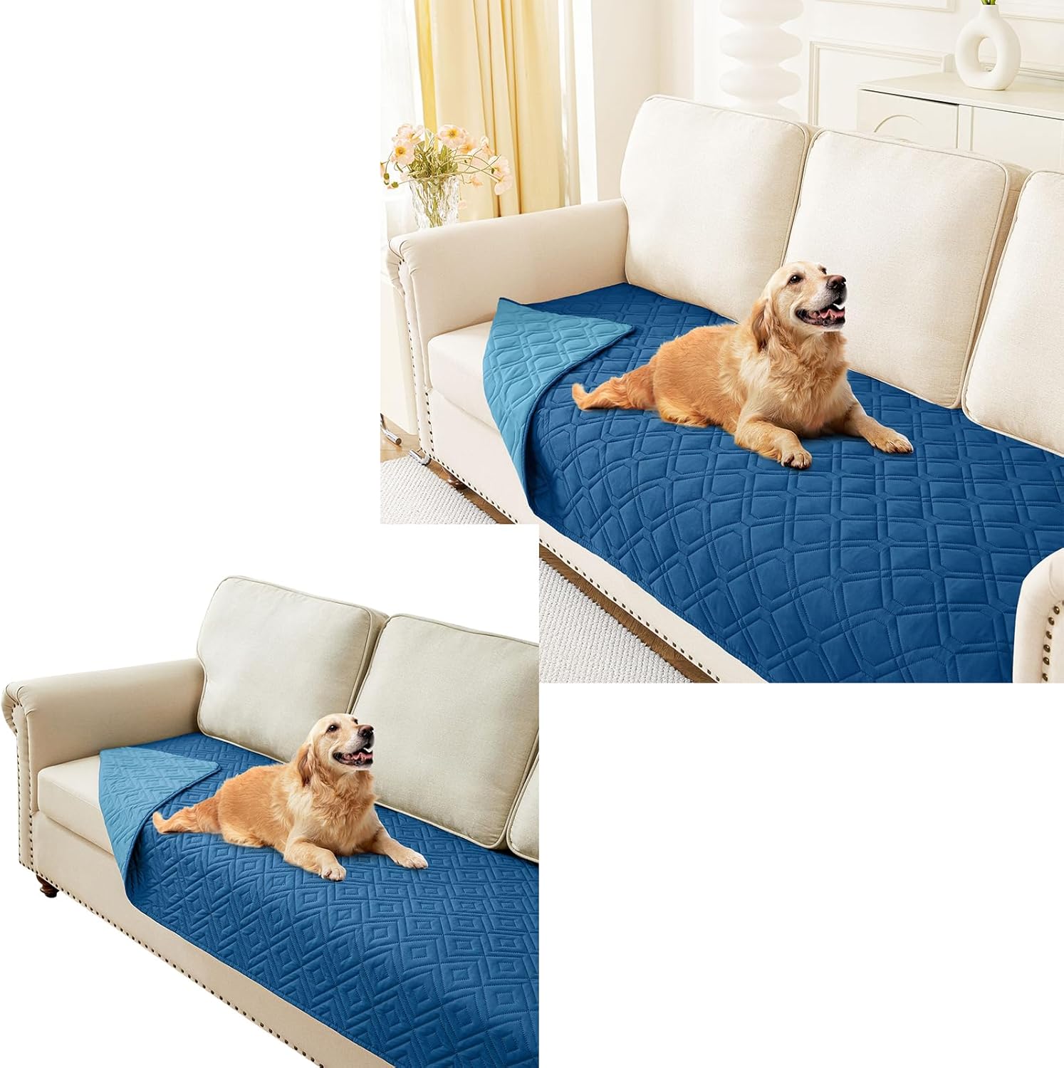 hyha Waterproof Dog Bed Blanket, Soft Dog Bed Cover Pet Blankets 30x70 Inch in Navy Blue/Blue, 2 Item Bundle