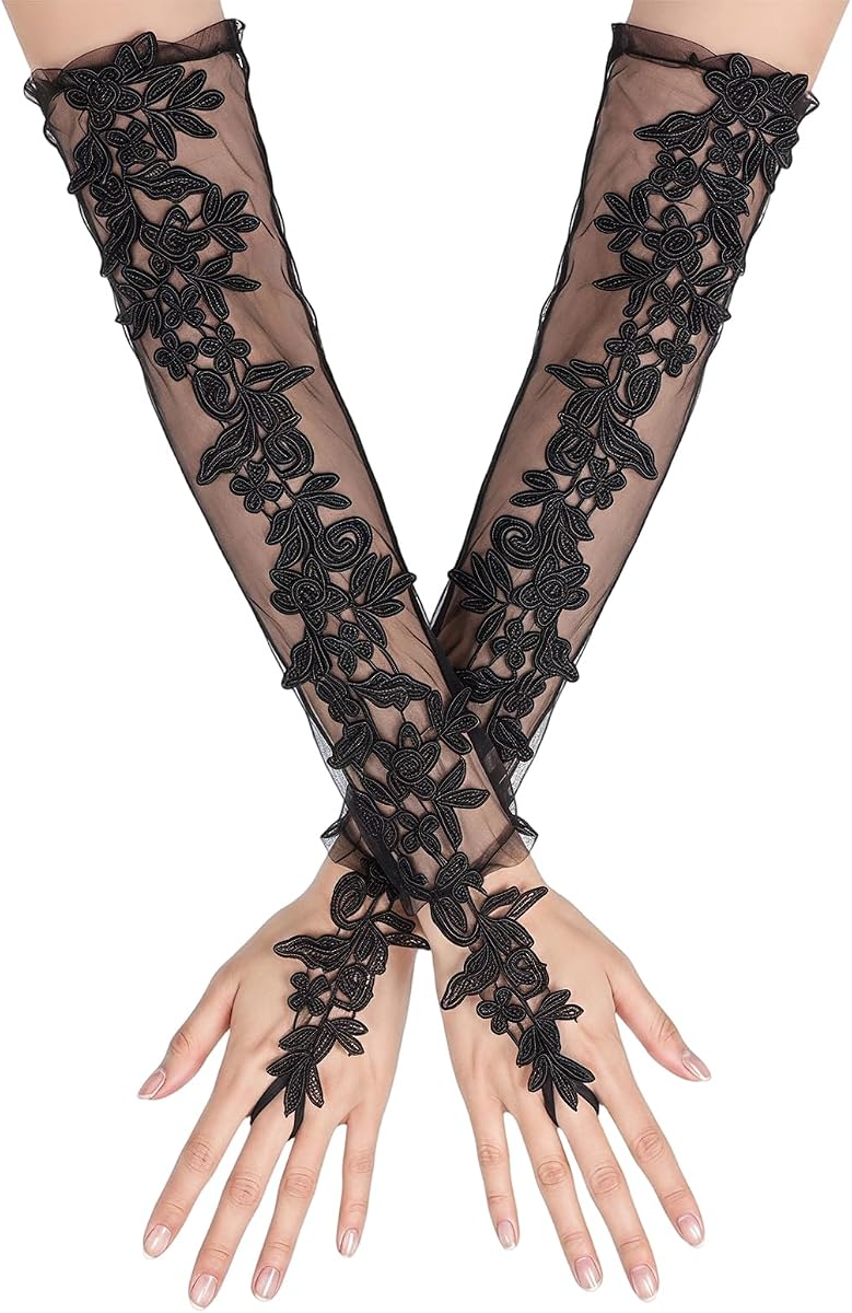 Guantes negros de encaje con lazo para los dedos, mangas de encaje hasta el codo para mujer