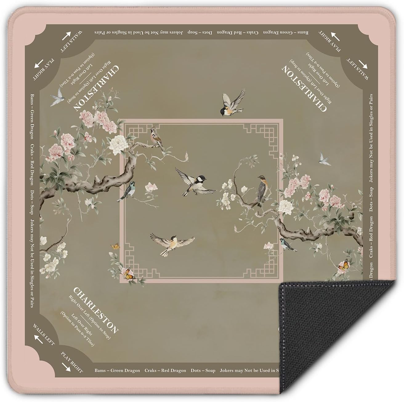 Chinoiserie Flower Bird Mahjong Mat 31.5 x 31.5 in, Pink and Brown Traditional Chinese Anti-Slip Noise-Reducing Mahjong Mat for Table Board Games Tile Games Poker and Cards