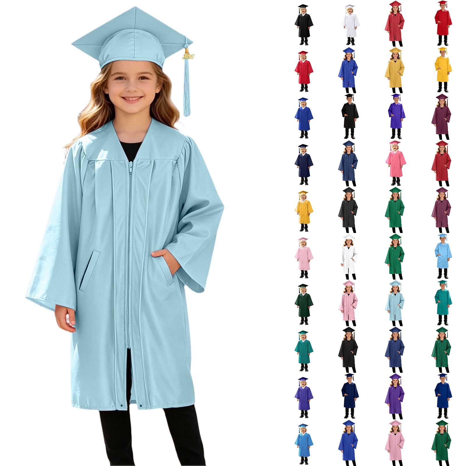 3 Piece Graduation Set for Kids, Gown, Cap, Gold 2026 Tassel, Unisex Boys Girls Preschool Kindergarten Primary School Graduation Gown and Cap Dress Up Props Costume, 27-Light Blue