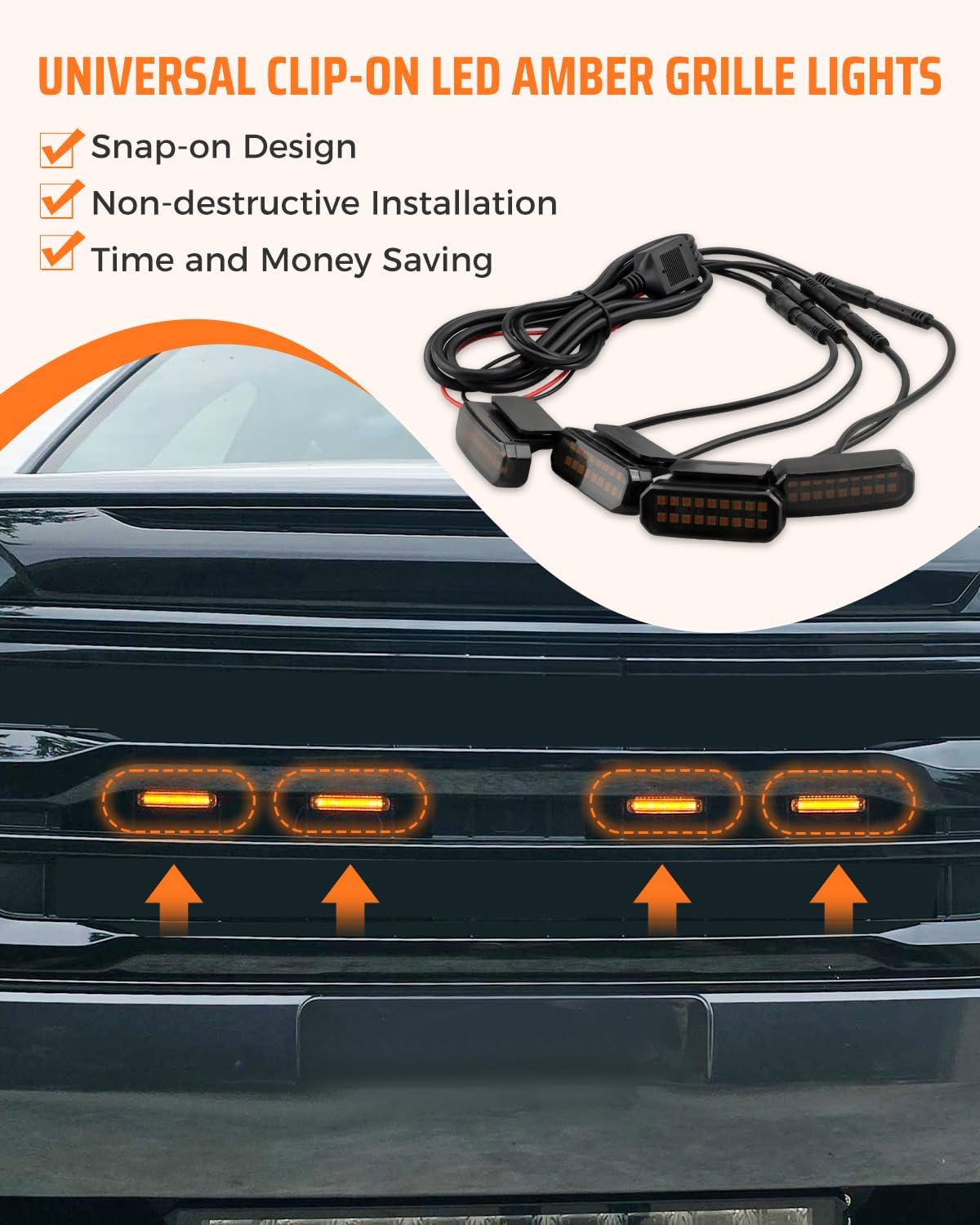 4Pcs LED Amber Front Grille Light Fit for Most Truck and Pickup, with Wiring Harness and Fuse Adaptor, Buckle Grille Lights