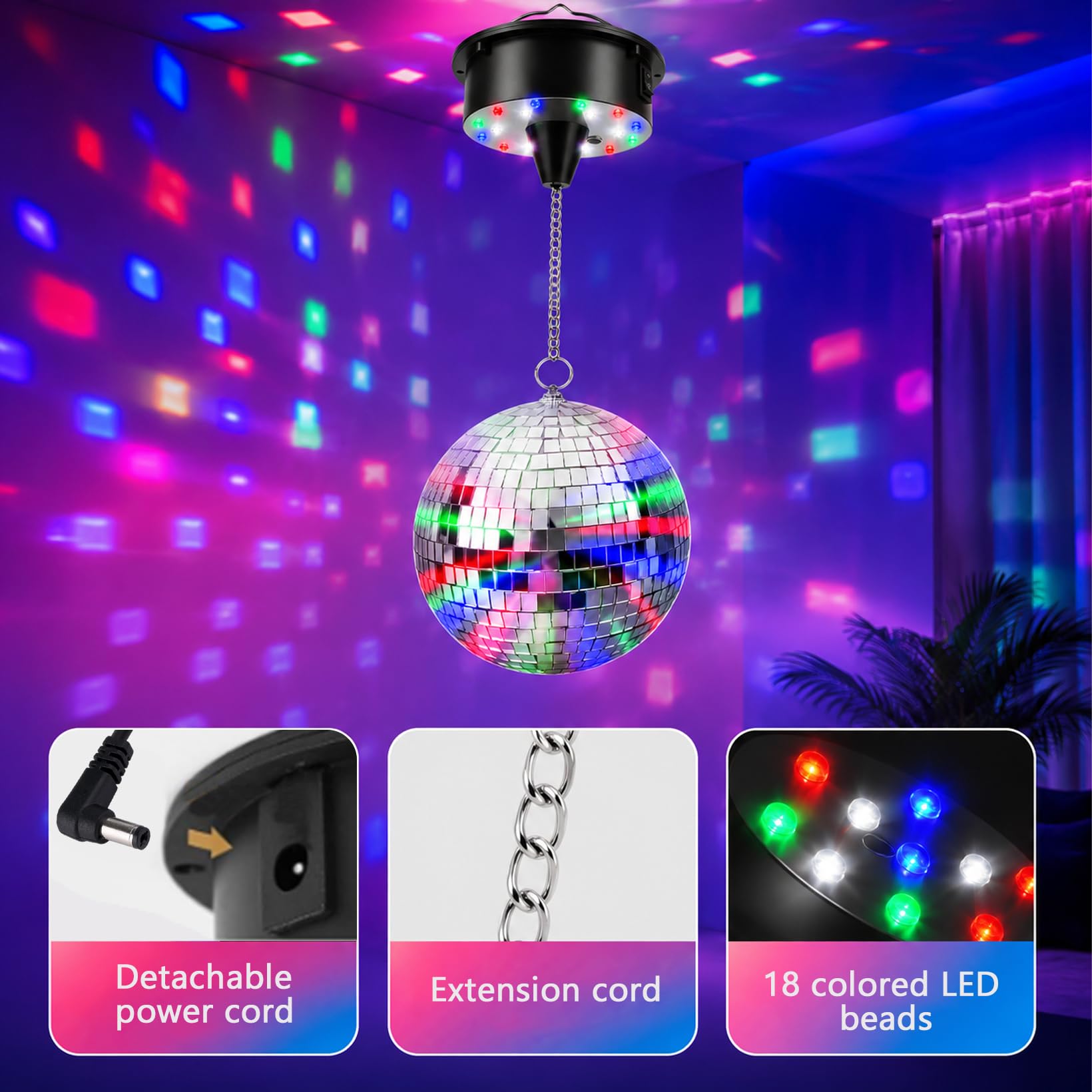 Discokugel mit Motor und Licht, Spiegelkugel mit Rotierender Motor und Fernbedienung mit 6 Tasten, 15cm Discokugel mit 4 Bunten Lichtern-18 LED-Perlen für Party-Dekoration Band Bar
