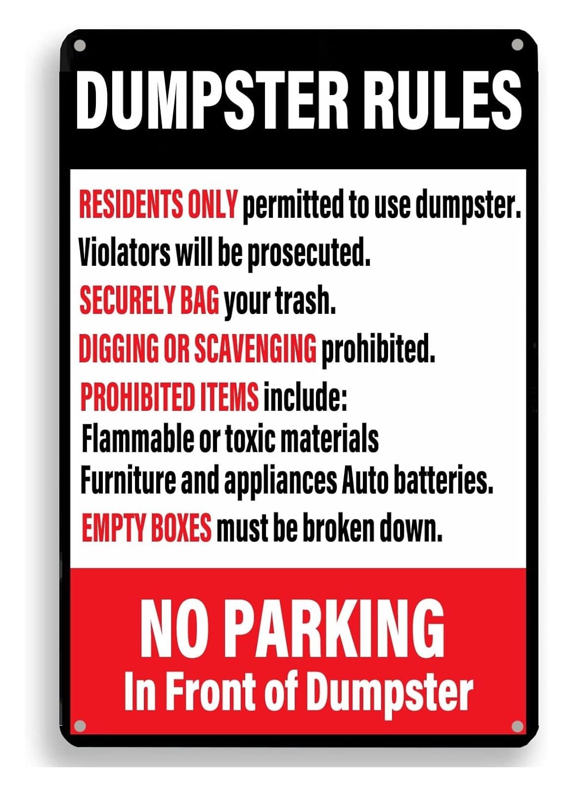 MQXFCZUX Humorous Community Rules Sign Vintage Metal Tin with Dumpster Warning Retro Wall-Art for Multi Family Property 8 X 12 inch