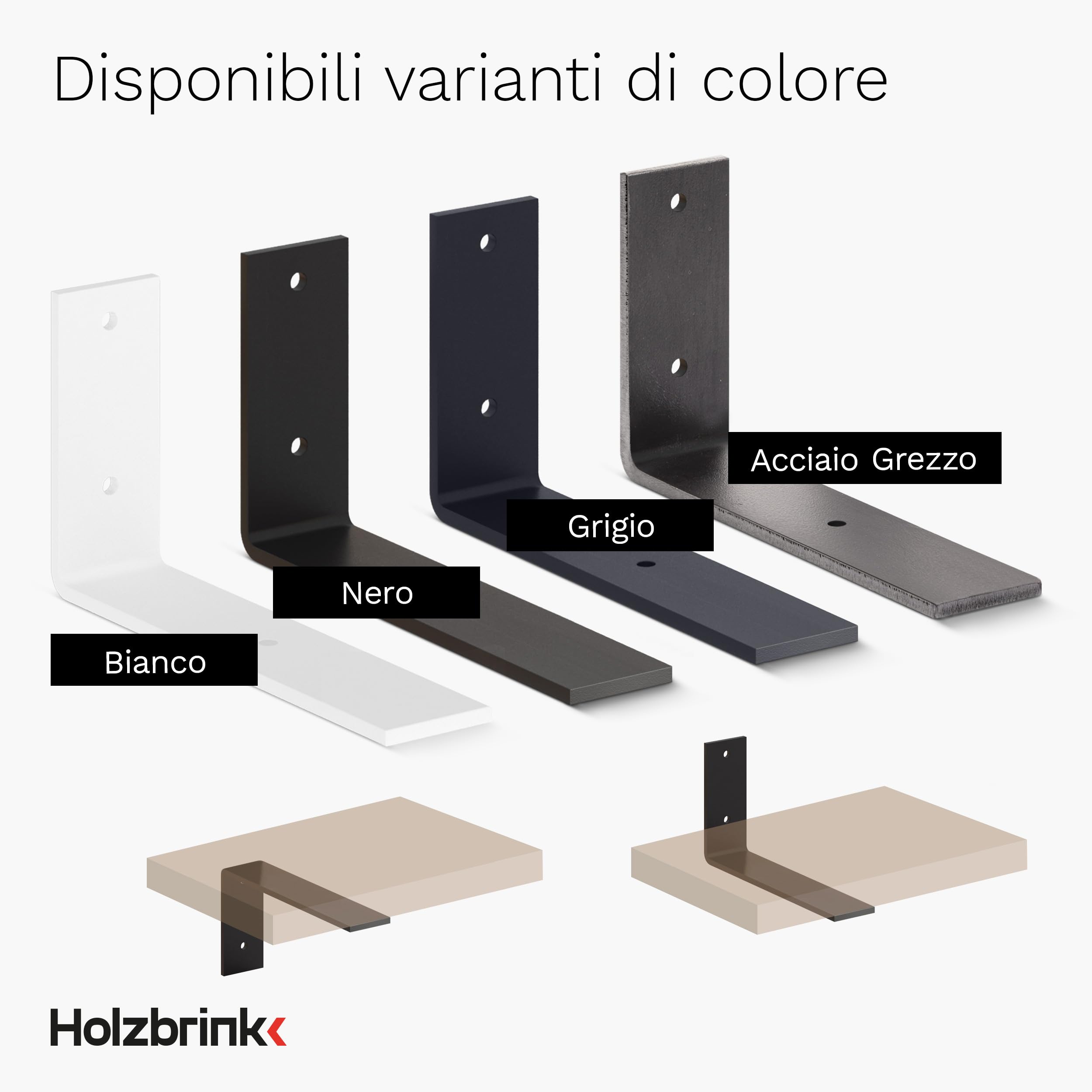 HOLZBRINK Staffa reggi mensola in metallo, supporto per mensole da parete, mensola fai-da-te, supporto, Acciaio Grezzo Laccato 200x100x40 mm, 10 pezzi, HLR-L-200-0000