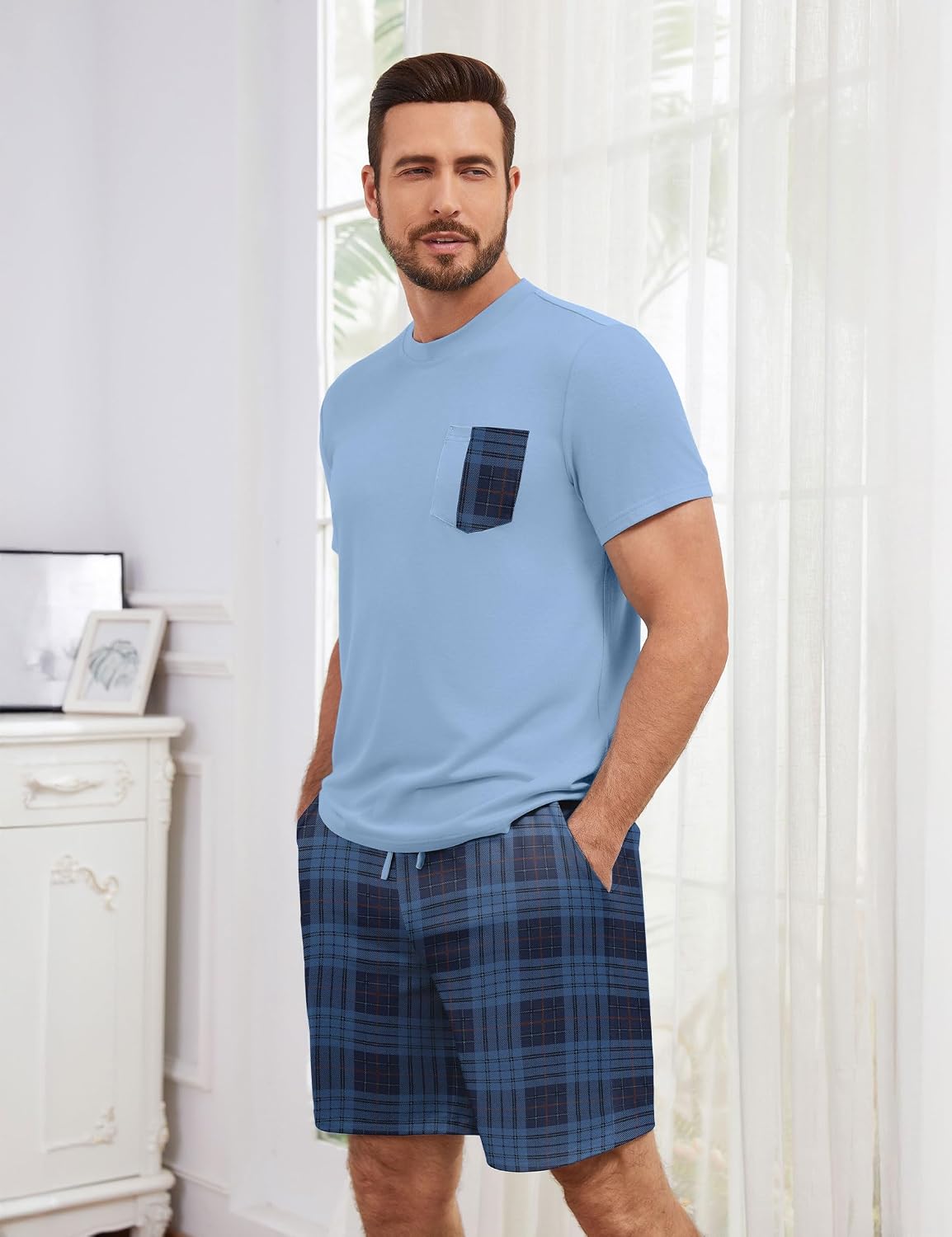 Pajamas Set for Men Plaid Short Sleeve and Pajama Shorts Sets Cotton 2 Piece Pj Set Lounge Set Summer Loungewear