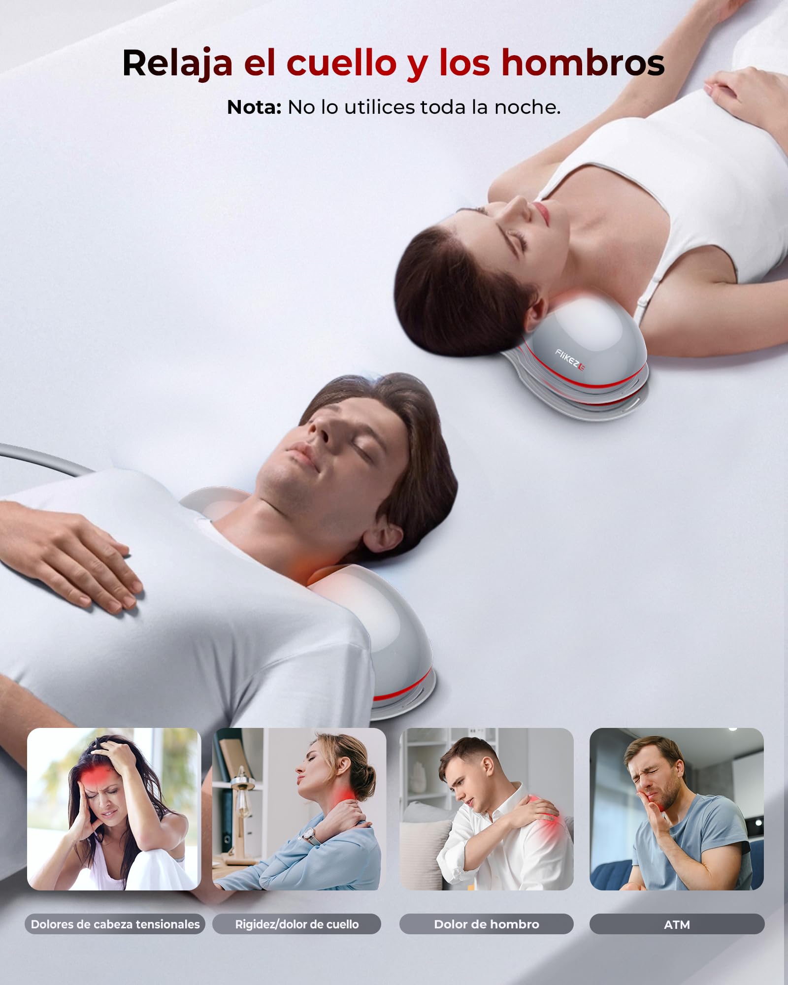 FliKEZE Dilatador de cuello térmico con terapia de luz roja, dispositivo de tracción cervical inalámbrico para alivio del dolor de ATM y relajante de hombros, almohada masajeadora de tracción de
