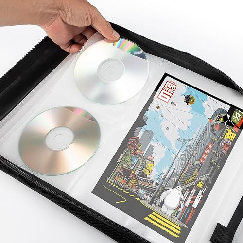 Miniatura 2 de LIOVODE Funda para DVD con capacidad para 200 DVDs y 100 folletos, carpeta de almacenamiento de CDBlu-ray con insertos para folletos, organizador de