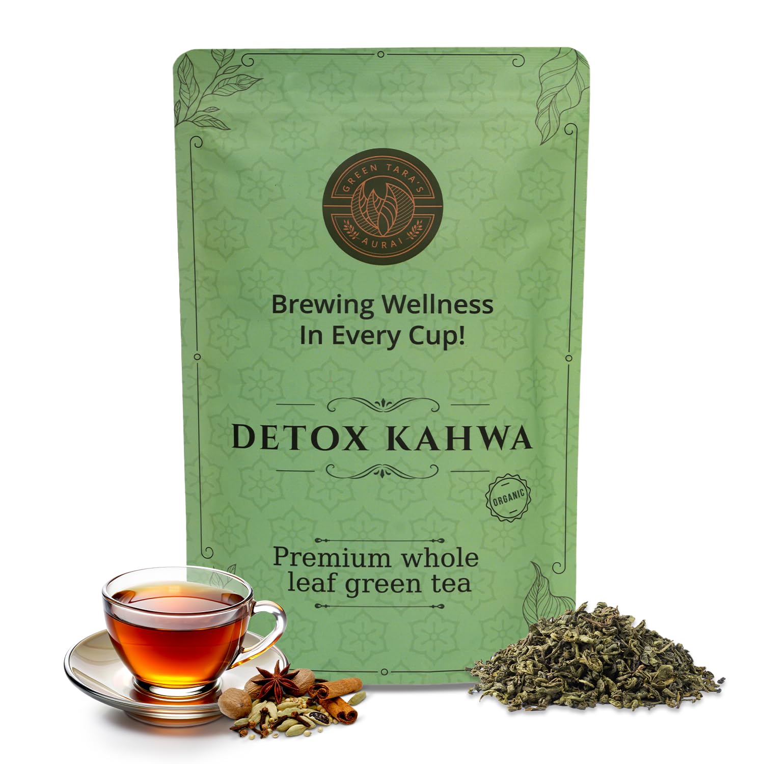 Green Tara's Aurai Detox Kahwa Green Tea – Certified Organic, Refreshing & Cleansing Herbal Tea, Premium Whole Leaf Blend 100g (3.52 oz), Resealable Zip Pack for Freshness