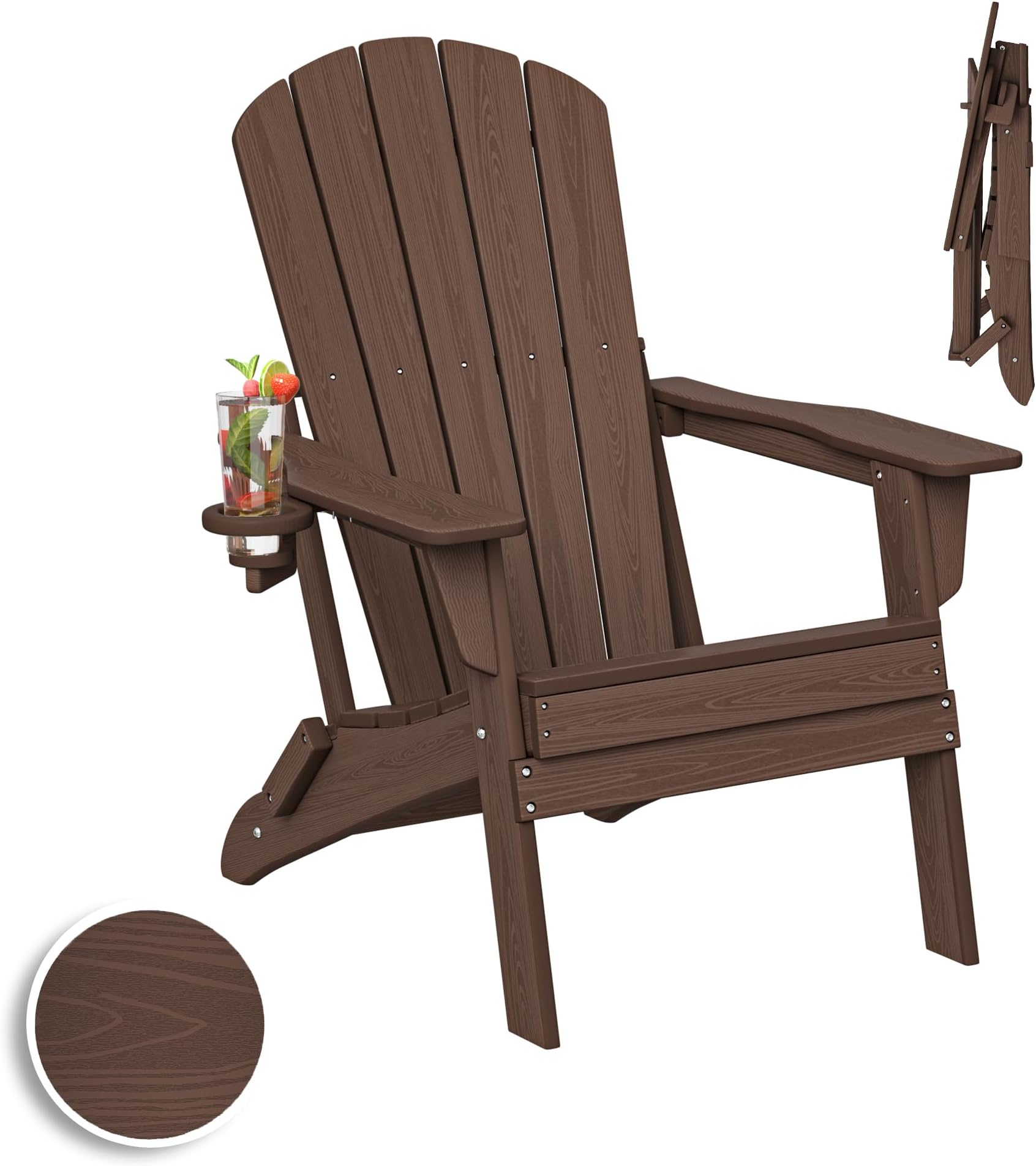 Plawdlik Folding Adirondack Chair, SGS Tested, Wooden Textured with Cup Holder, Heavy All-Weather HDPE Comfortable Set Poolside Backyard Lawn Coffee