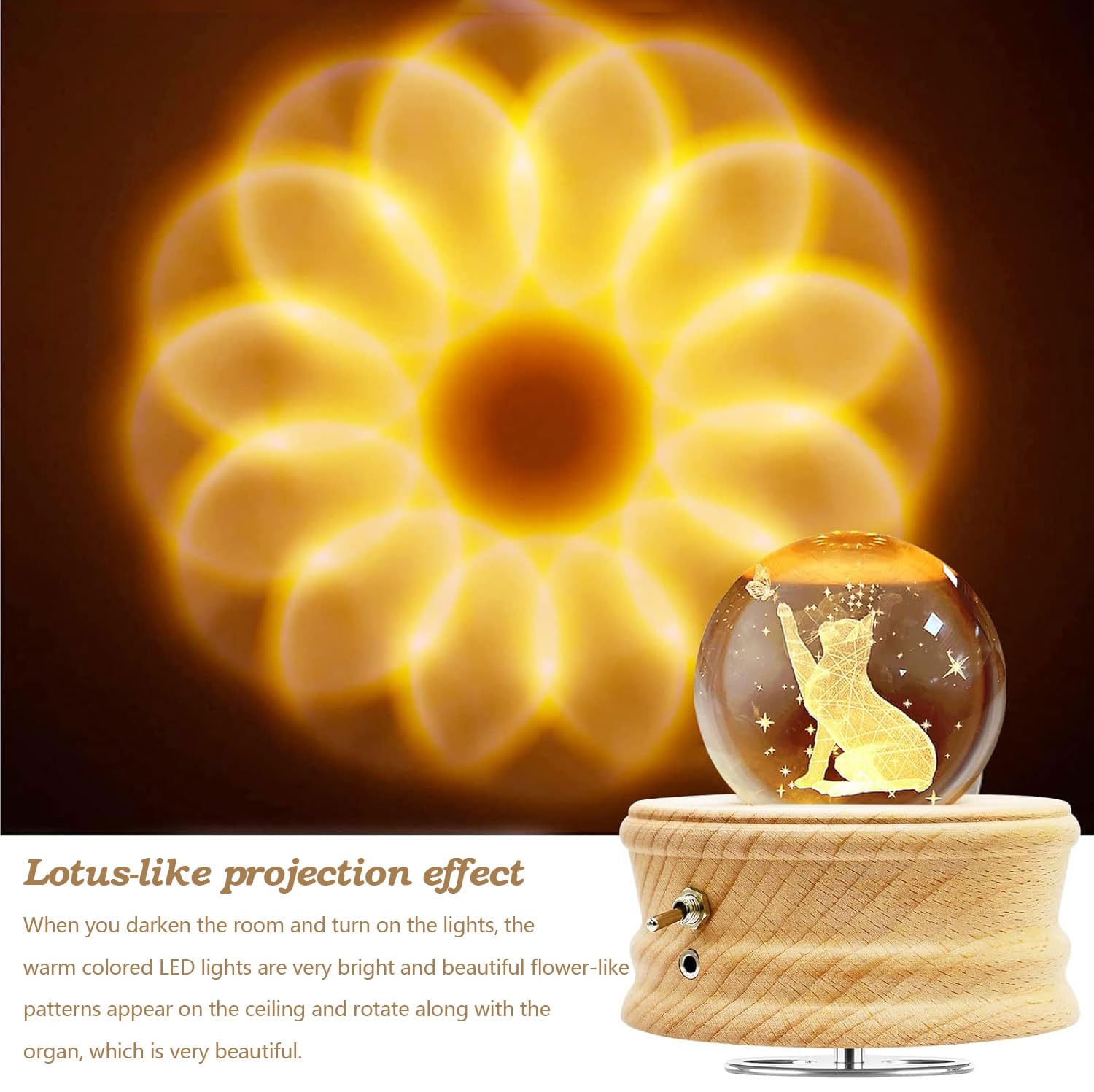 Carillon con Sfera di Cristallo 3D con Gatti,Carillon in Legno Rotante a 360°,Carillon Legno con Luce Regalo Bambini,Donne per Natale Compleanno San Valentino