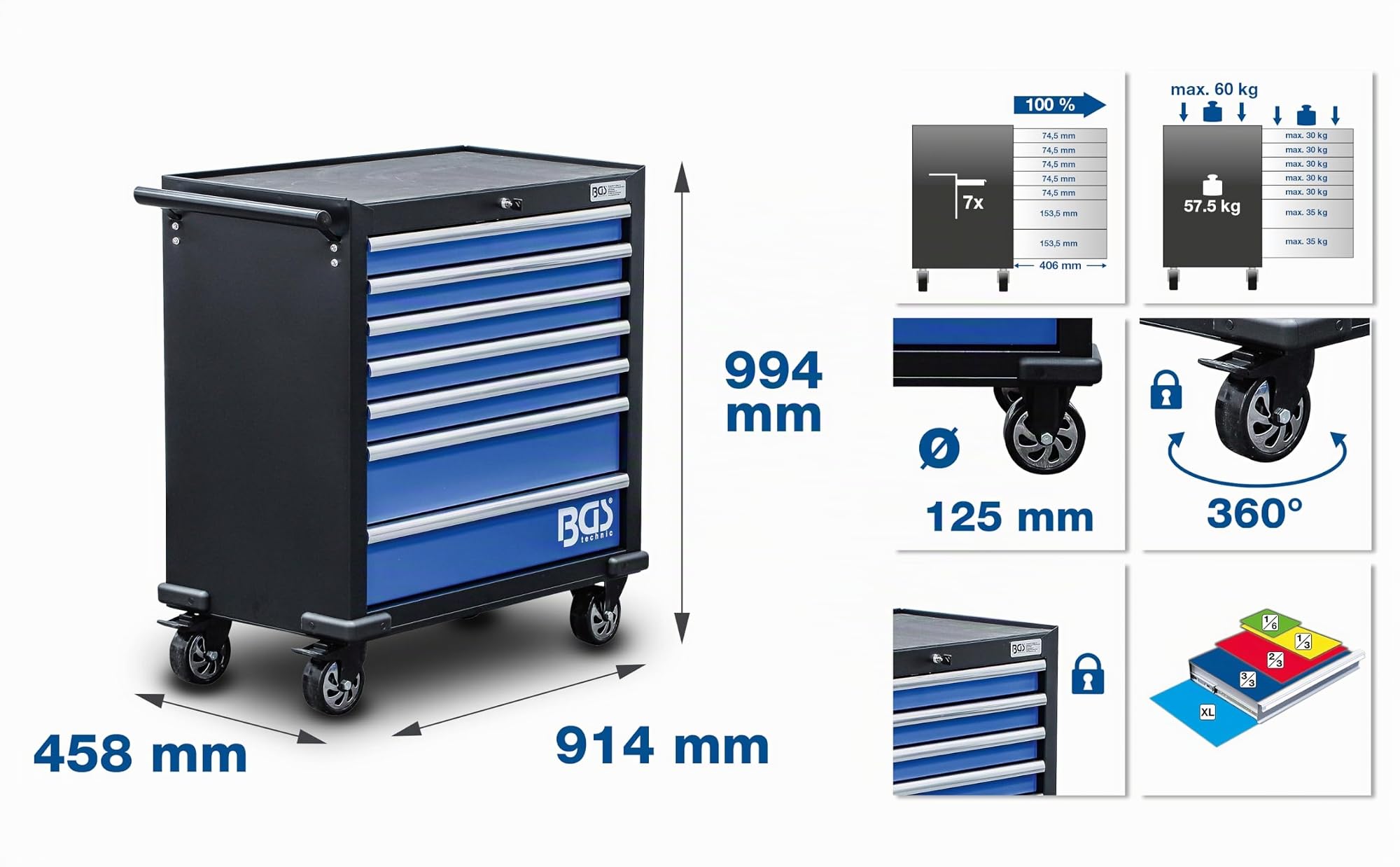 BGS 6063 | Servante d’atelier XL | 7 tiroirs | avec 301 outils