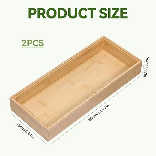Miniatura 2 de Juego de 2 organizadores de cajones de bambú, apilables de 15 pulgadas, bandejas organizadoras de almacenamiento de madera individuales para cocina,