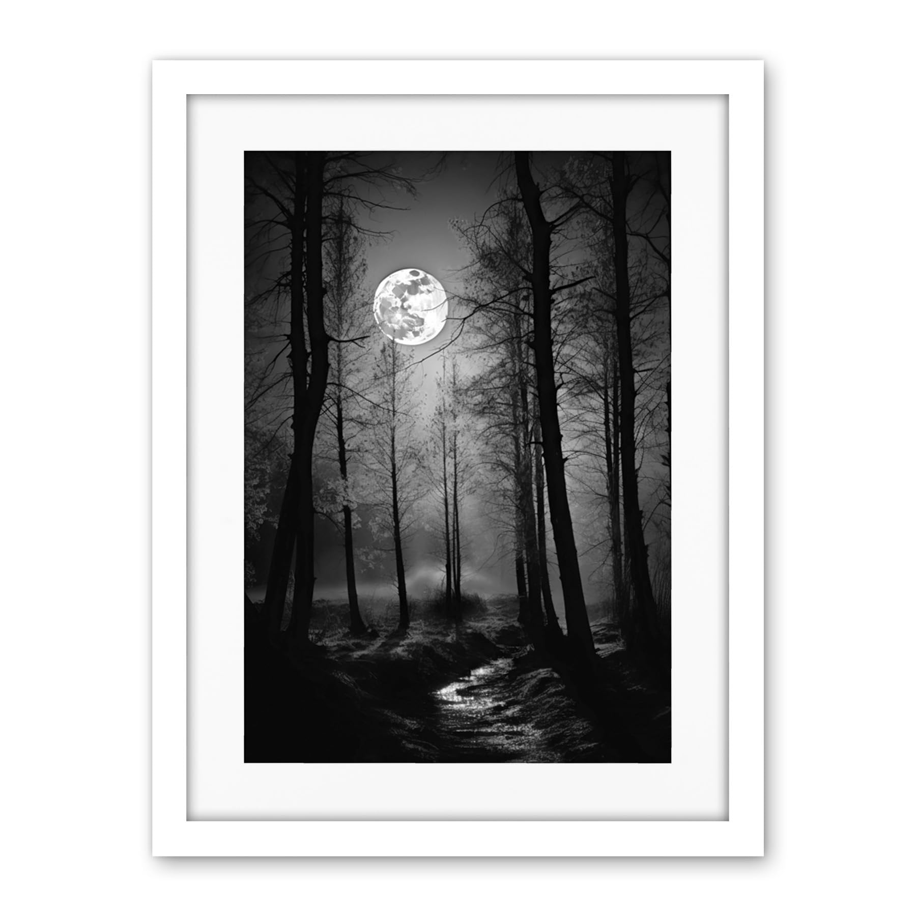 Artery8 Full Moon Over Misty Forest Black and White Photo Artwork Framed Wall Art Print 18X24 Inch