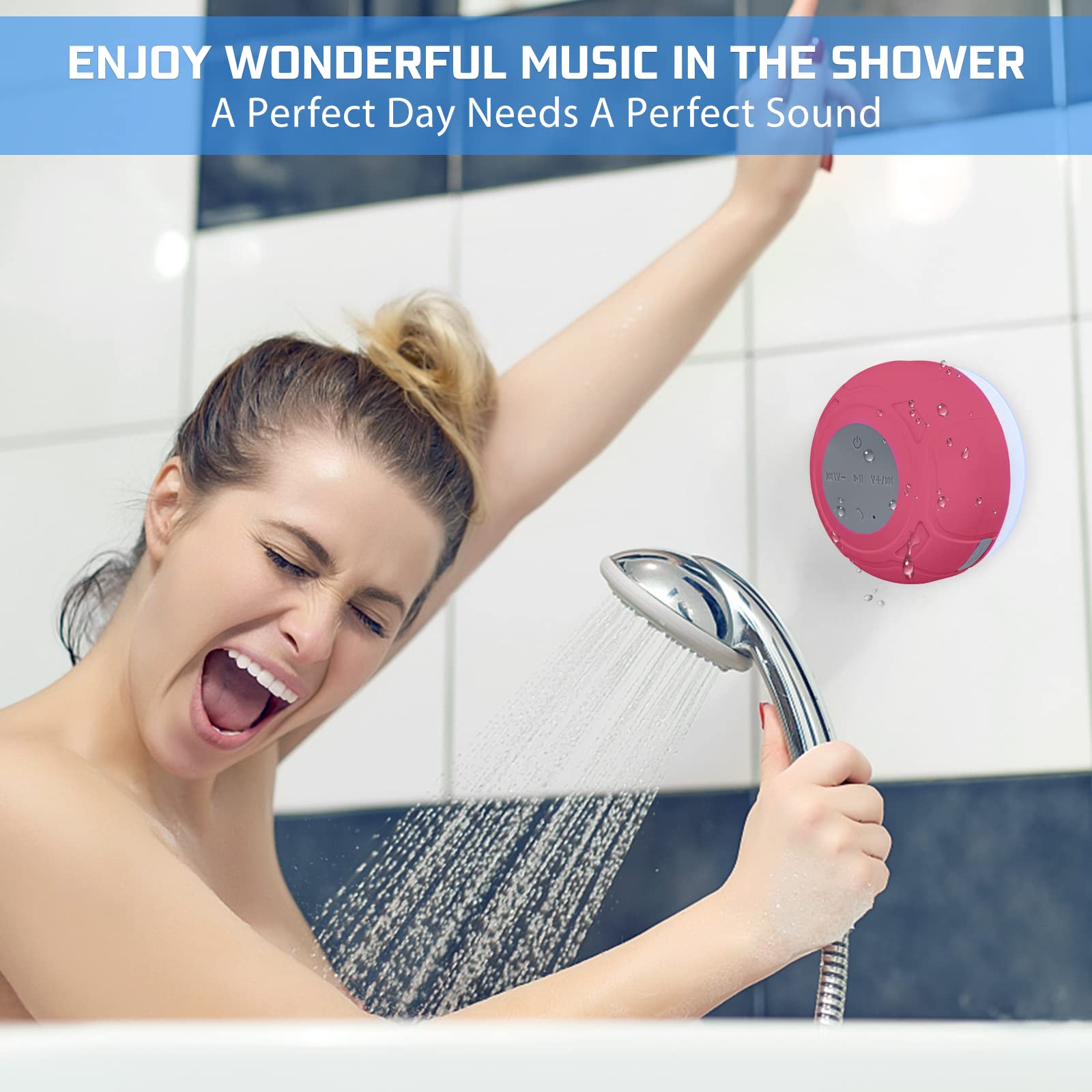 Altoparlante da doccia Bluetooth impermeabile, portatile, senza fili, resistente all'acqua, con ventosa, microfono integrato, idea regalo per bambini, per bagno, cucina, colore: rosso