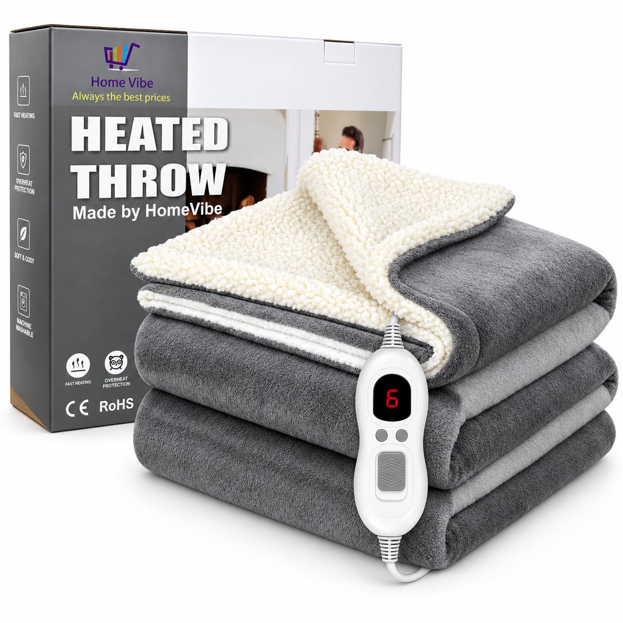 HomeVibe Heated Throw Electric Blanket 160x130cm - Grey, Soft Flannel, 6 Heat Settings & 1-8h Timer, Fast Heating Electric Blanket for Warmth & Comfort