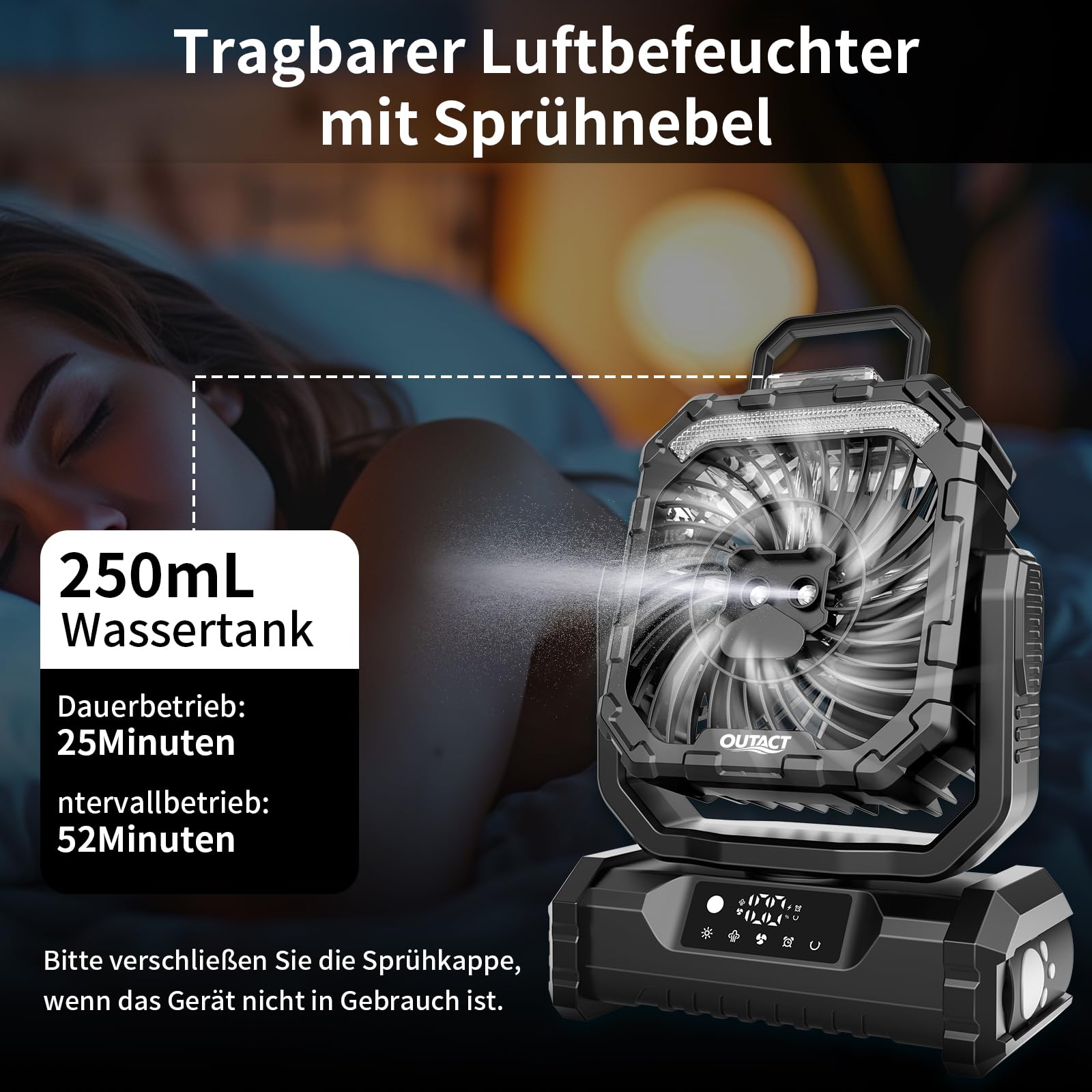 Camping Ventilator 20000mAh, Wiederaufladbarer Tischventilator USB Ventilator mit LED Licht & Haken, 270° Drehung mit Fernbedienung, Misting Fan für Outdoor, Zelt, Grillen, Strand - Schwarz