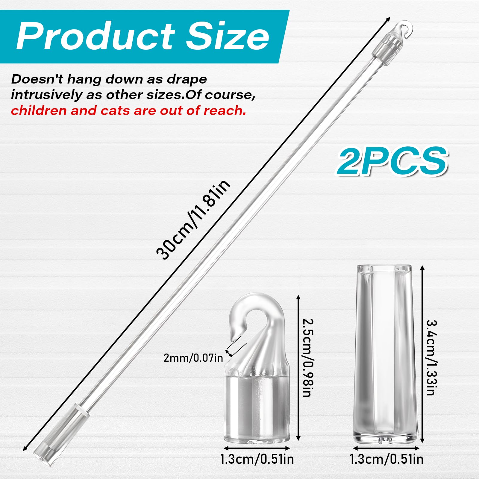 2PCS 12 Inches Blind Wand Replacement with Hook Vertical Blinds Replacement Parts Clear Blinds Stick with Hook and Handle Curtain Stick Blind Tilt Wand for Windows Curtain Door Shades Opener Accessory