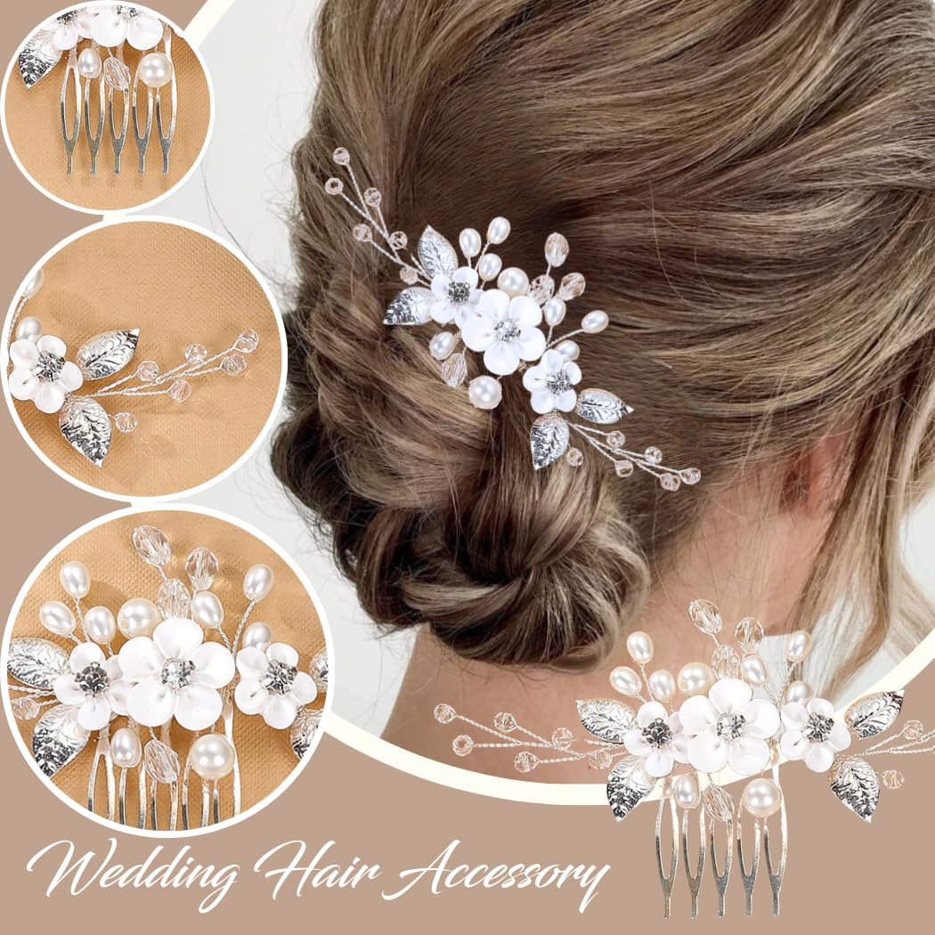 ALUINN Crystal Bride Wedding Hair Comb Pearl Hair Piece Flower Bridal Hair Accessories for Brides Bridesmaids Women Silver - Image 3