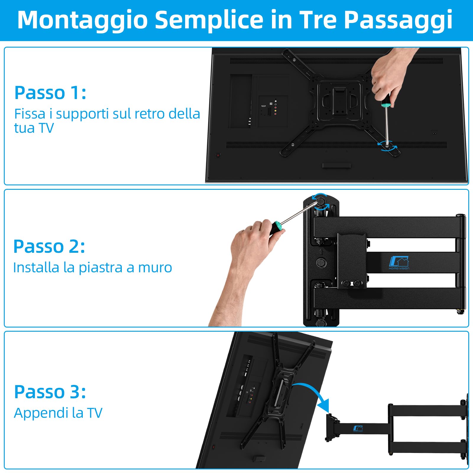 HOME VISION TV a Parete, Supporto TV Girevole e Inclinabile Per Schermi Da 26-55 Pollici Fino a 40 KG, Braccio Extra Lungo Per TV Piatta/Monitor Curvo a Parete, VESA Max 400x400 mm