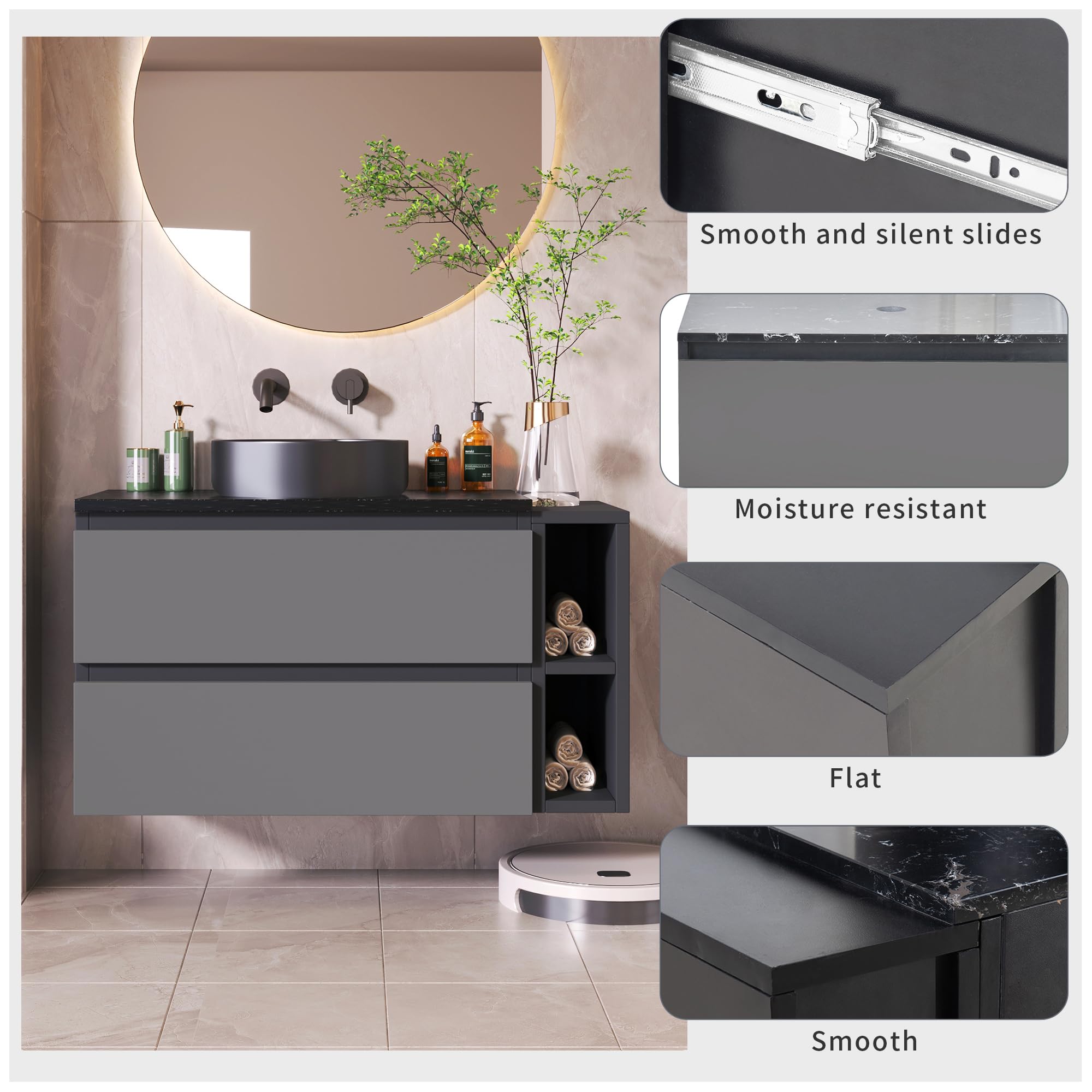 Mueble de lavabo suspendido de 80 cm de ancho, con lavabo de cerámica, con cajones, diseño moderno, color negro y gris