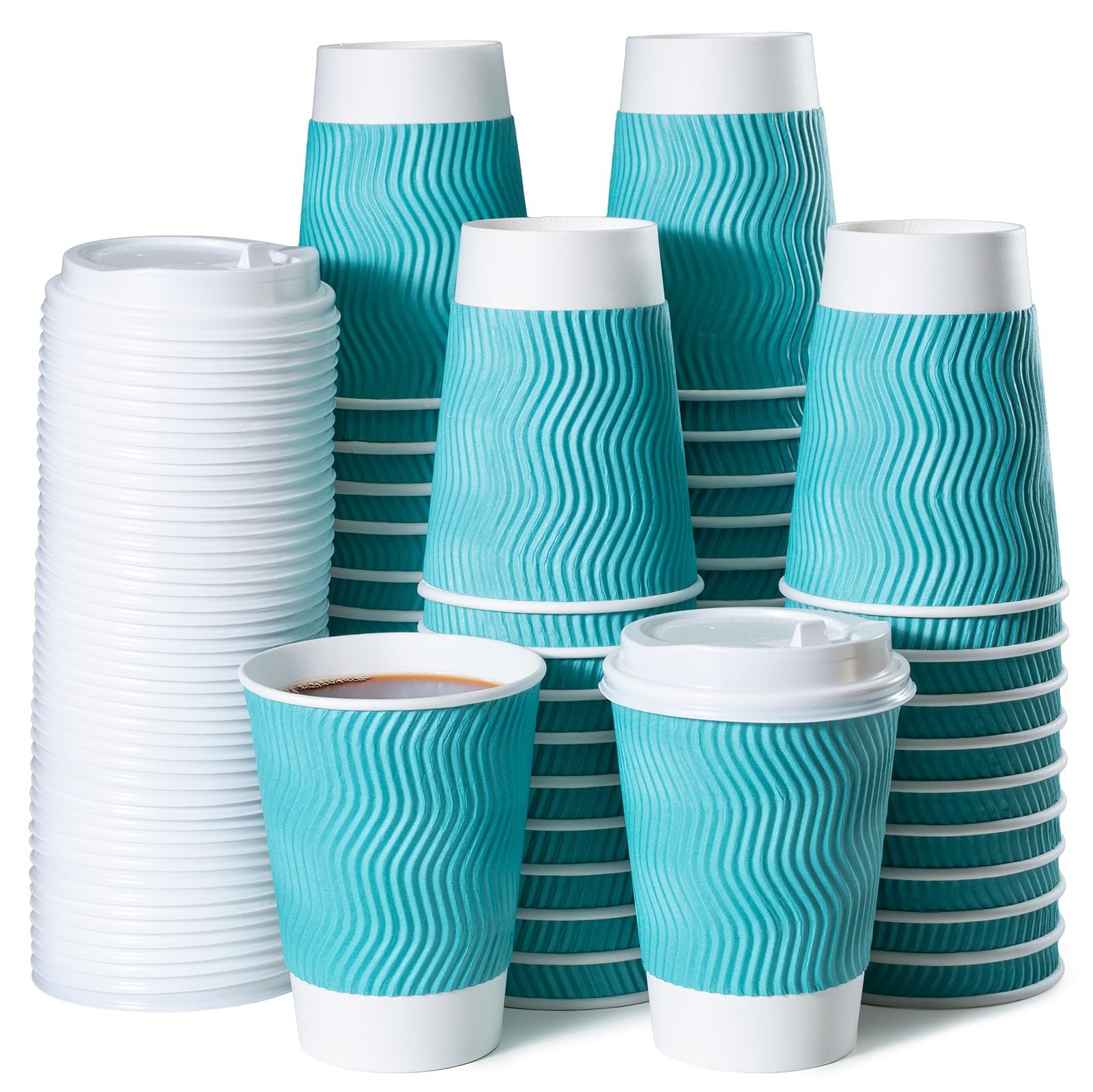 MATICAN Lot de 50 tasses à café en carton ondulé isotherme, jetables, avec couvercles, parois ondulées pour boissons chaudes ou froides, turquoise - 355 ml