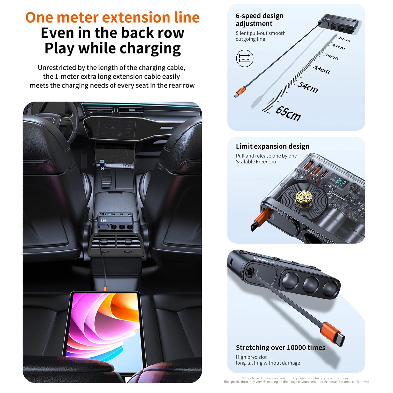 Adaptateur de voiture à charge rapide avec QC3.0 PD45 W 228 W câble de chargeur USB C télescopique à affichage LED pour USB rétractable 12 V-24 V