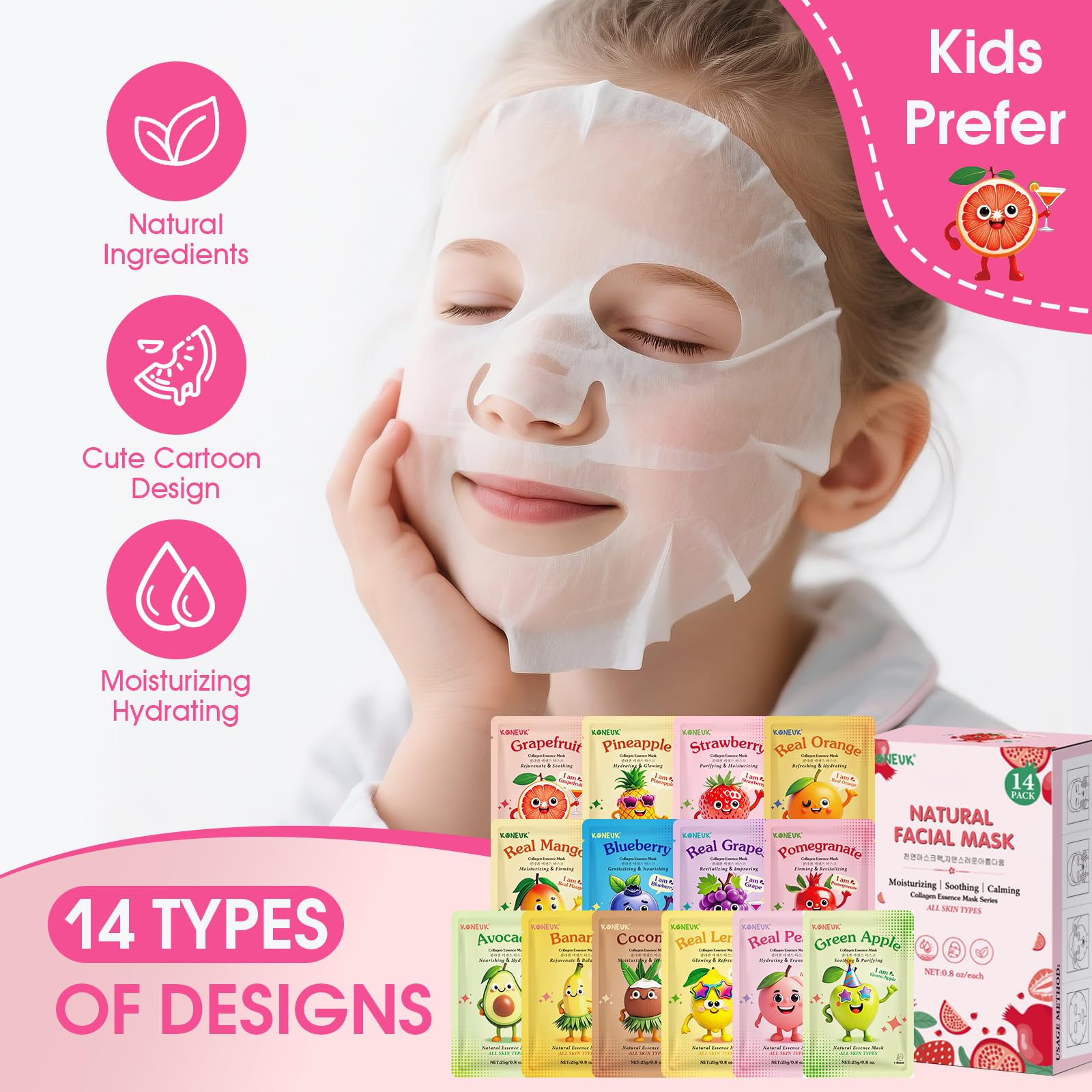 KONEUK Paquete de 14 mascarillas faciales de frutas para el cuidado de la piel de los niños, mascarilla hidratante para todo tipo de piel, máscara facial suelta de colágeno para