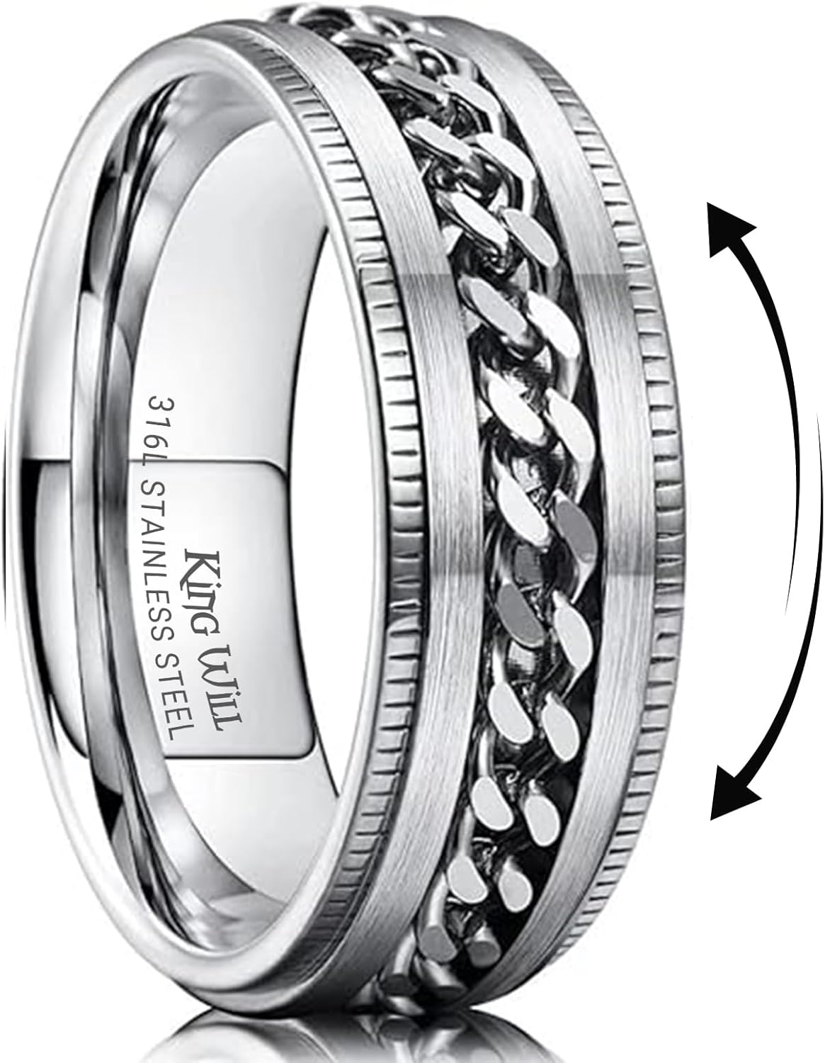 King Will 316L Stainless Steel Fidget Ring for Men Women-8mm Width with Stylish Chain Inlay Spinner Ring Stress Relief, Durable Wedding Band Comfort Fit Size 4-16