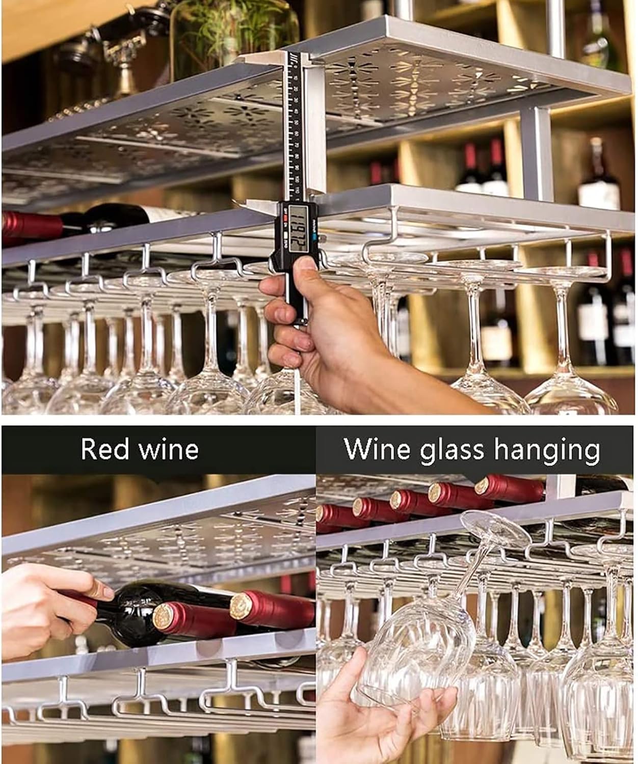 Ceiling Wine Glass Rack Ceiling Metal Wine Rack,Height Adjustable,2-Layer Industrial Iron Shelf,Stemware Holder,Restaurants/Bars/Home Decorative Rack